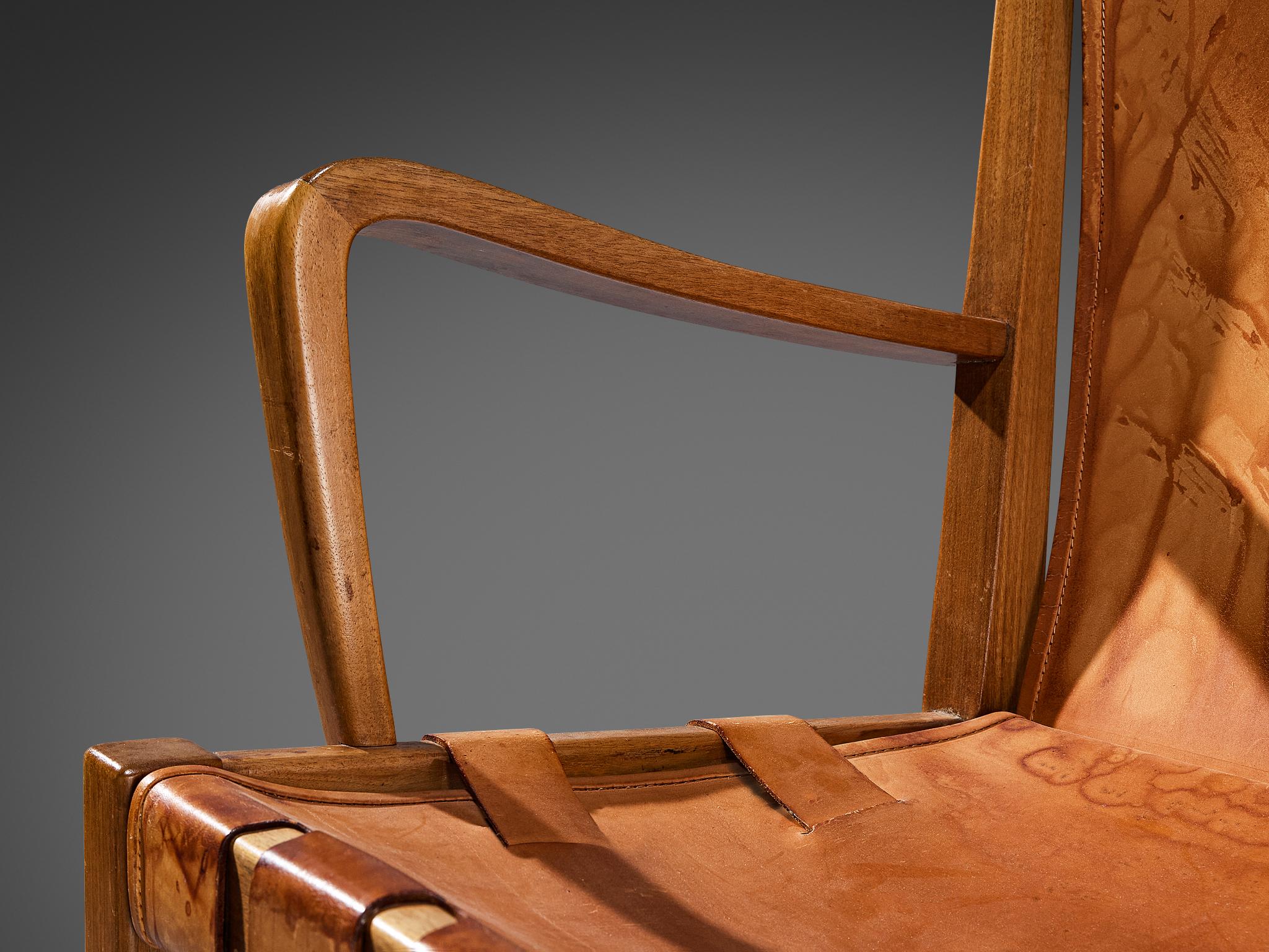 Rare Guglielmo Pecorini Pair of Chairs in Walnut and Cognac Leather 1