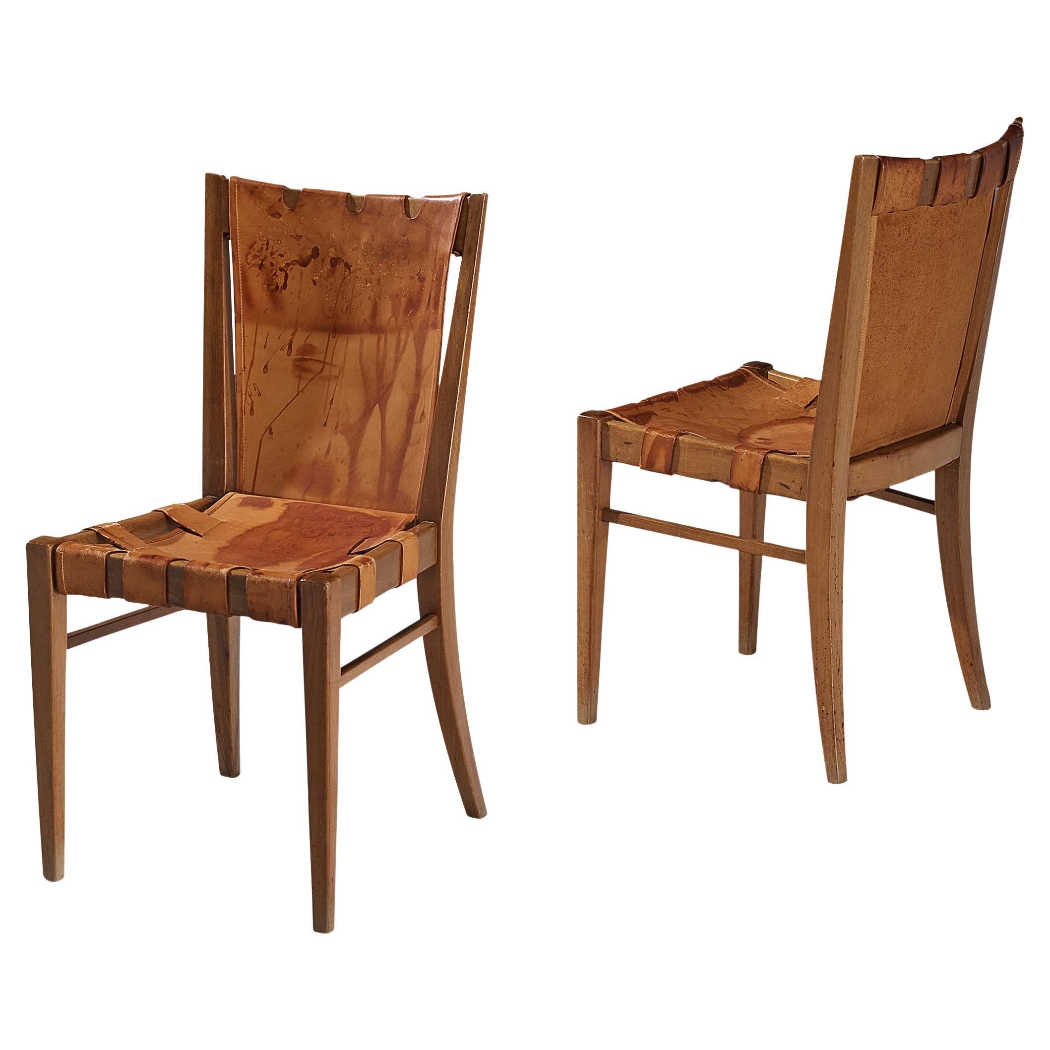 Rare Guglielmo Pecorini Pair of Chairs in Walnut and Cognac Leather