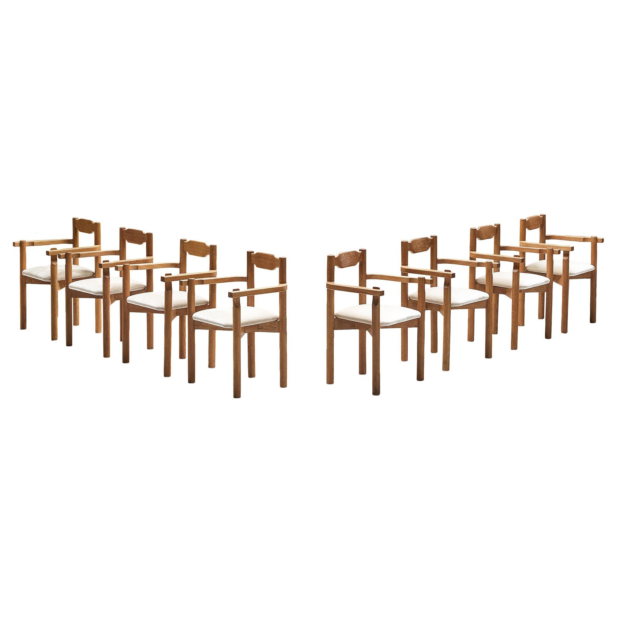 Rare Guillerme & Chambron Set of Eight Dining Chairs in Solid Oak and Mohair