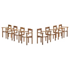 Rare Guillerme & Chambron Set of Eight Dining Chairs in Solid Oak and Mohair