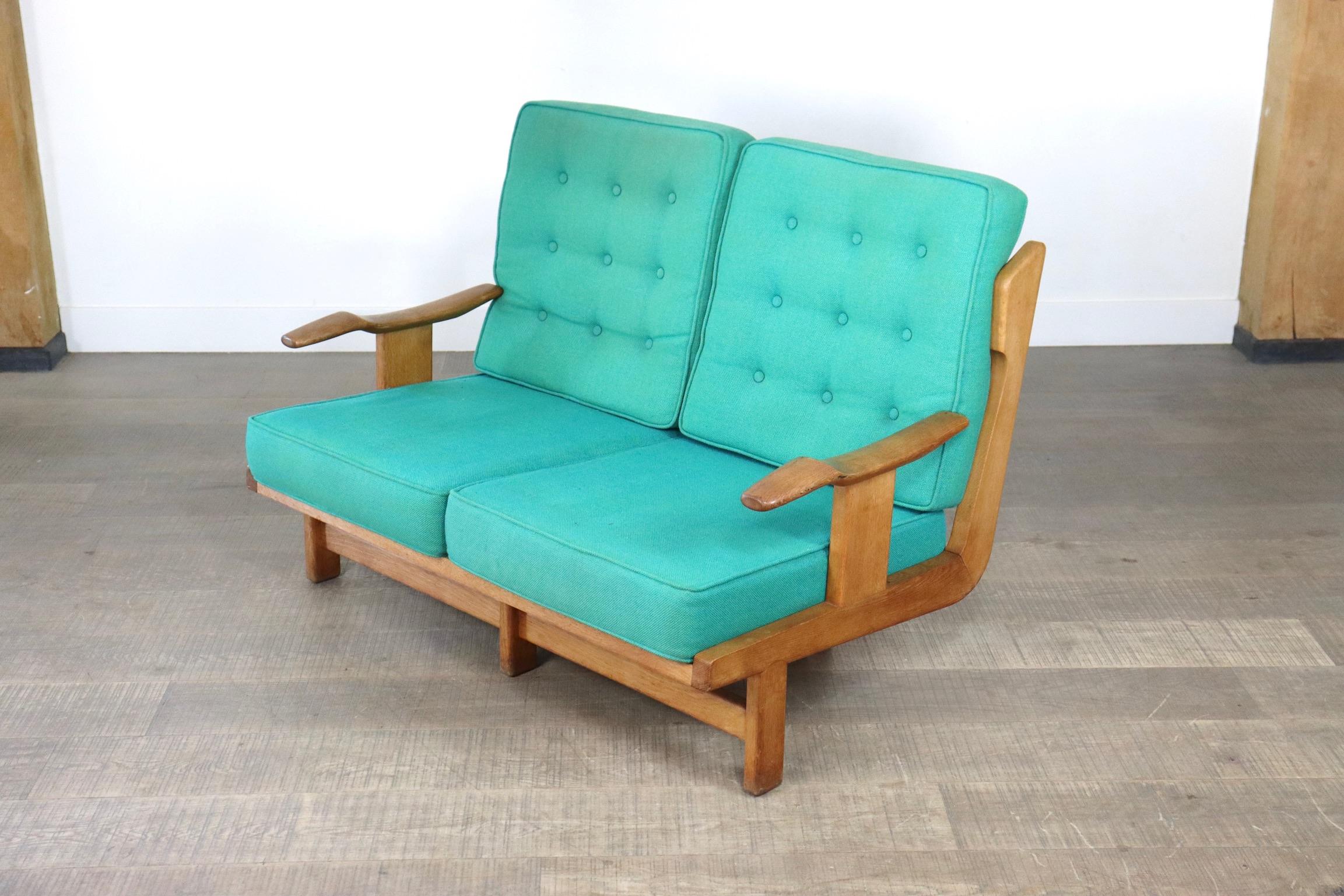 Rare Guillerme & Chambron Solid Oak Sofa, France 1960s For Sale 11