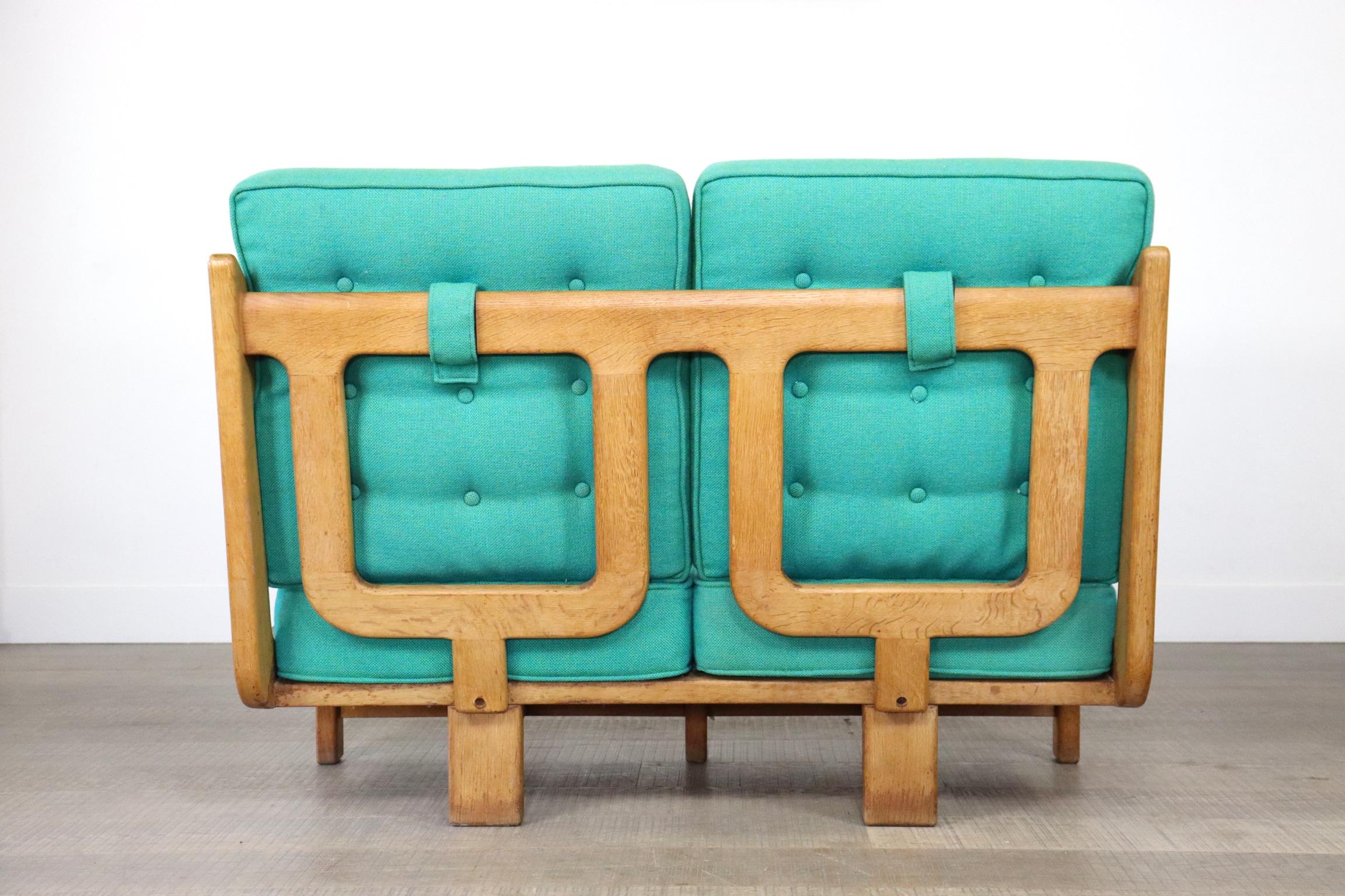 Mid-20th Century Rare Guillerme & Chambron Solid Oak Sofa, France 1960s For Sale