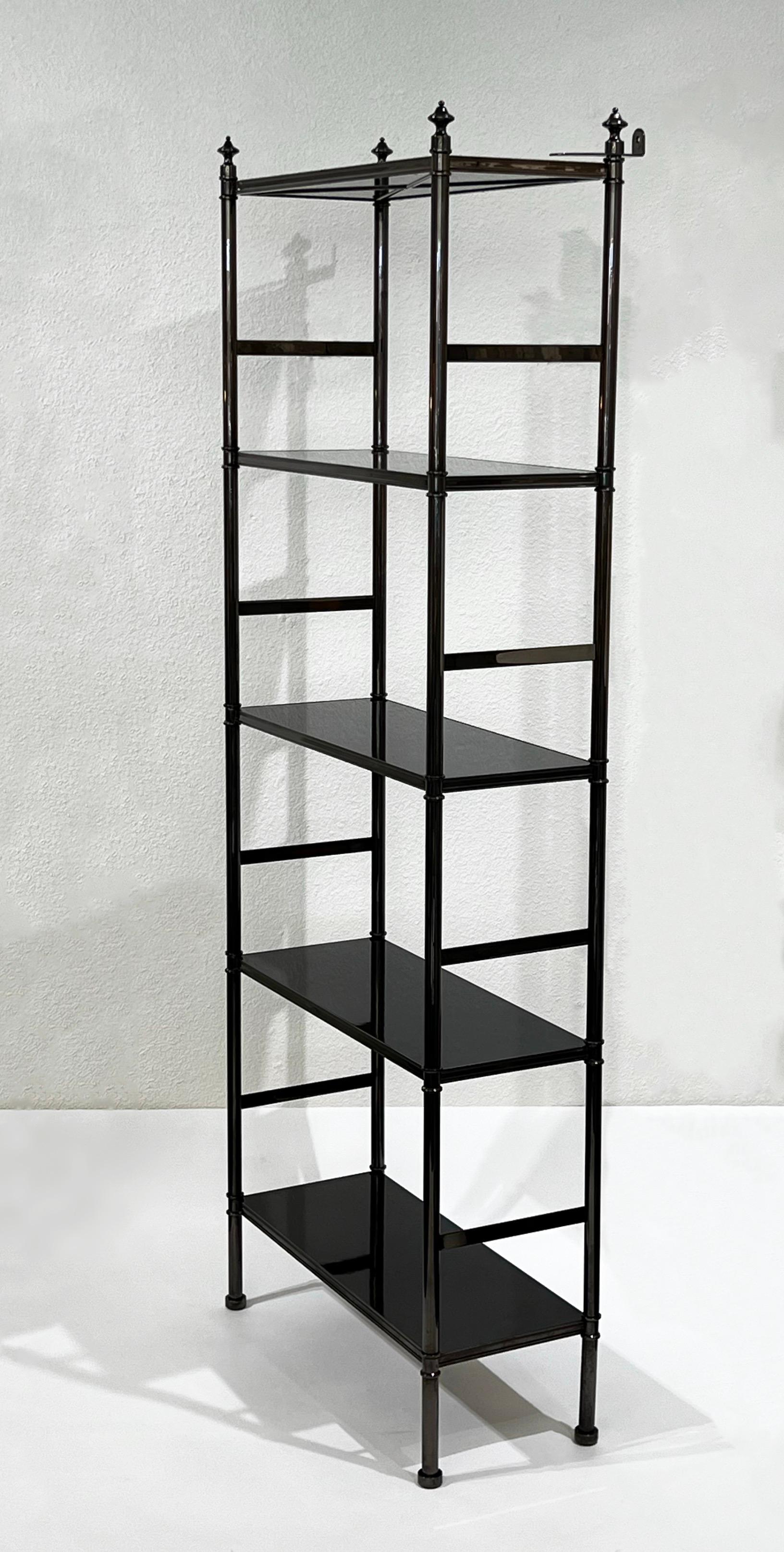 Modern Rare Gunmetal and Black Lacquer Etagere or Bookcase by Karl Springer  For Sale