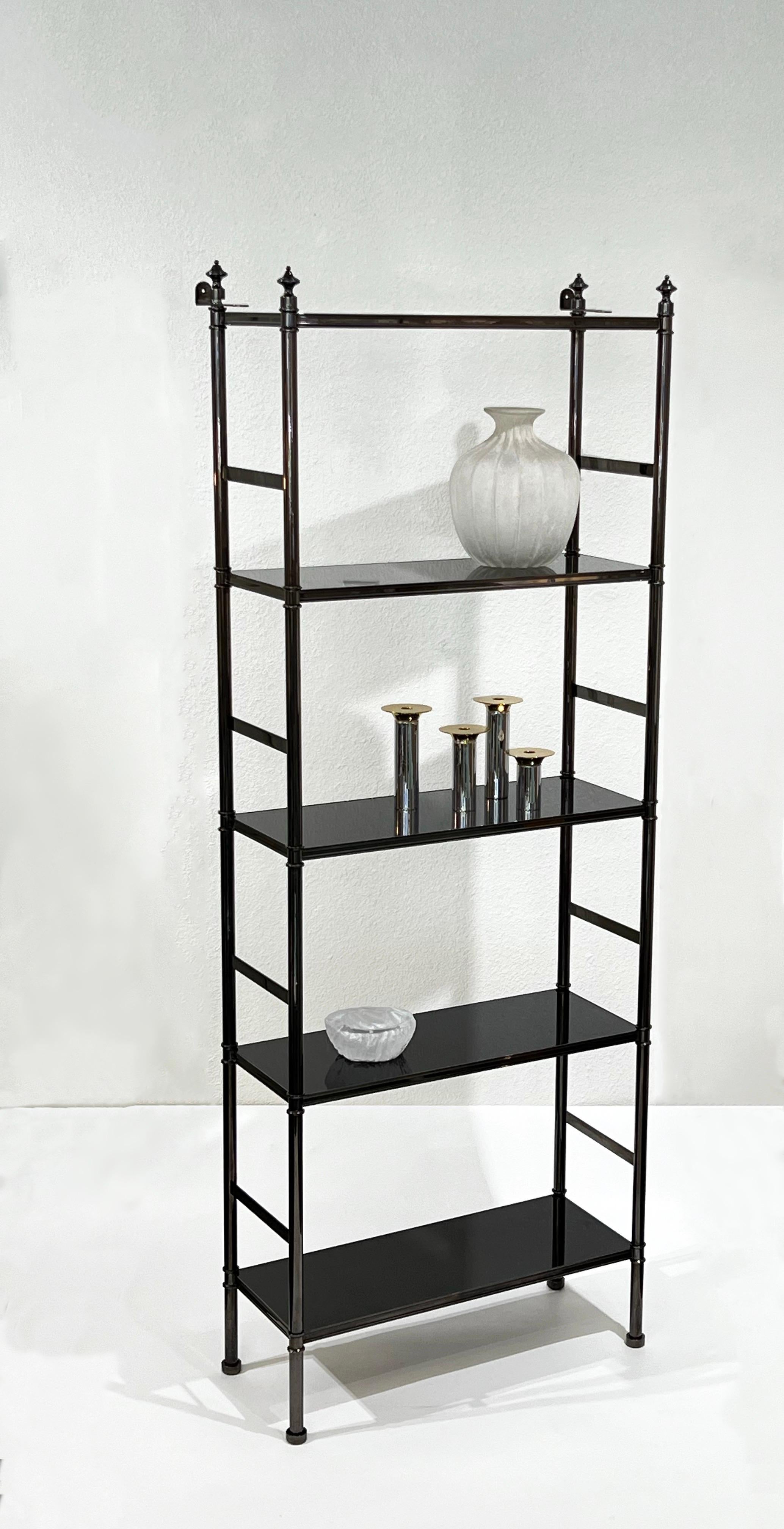 Rare Gunmetal and Black Lacquer Etagere or Bookcase by Karl Springer  In Good Condition For Sale In Palm Springs, CA