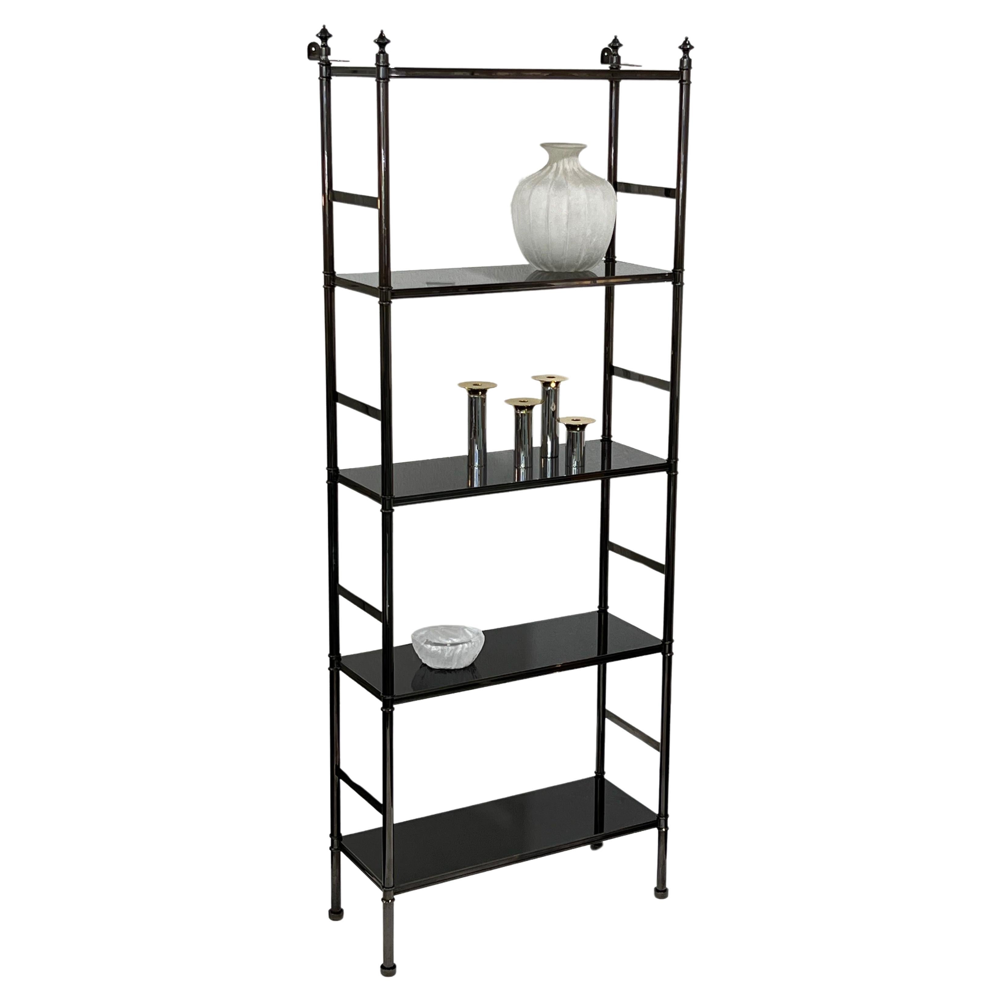 Rare Gunmetal and Black Lacquer Etagere or Bookcase by Karl Springer  For Sale