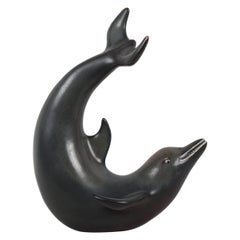 Rare Gunnar Nylund Dolphin Figurine with Dark Glaze by Rörstrand, Sweden, 1970s