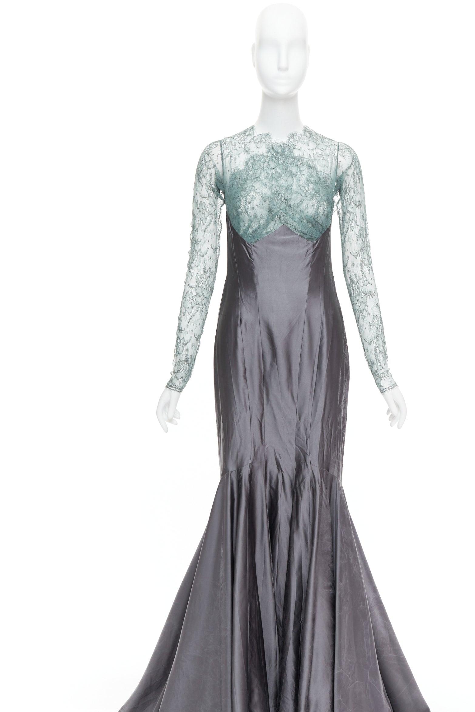 selten GUY LAROCHE COUTURE 2006 Vintage Runway grün Spitze grau Seide Meerjungfrau Kleid im Angebot 5