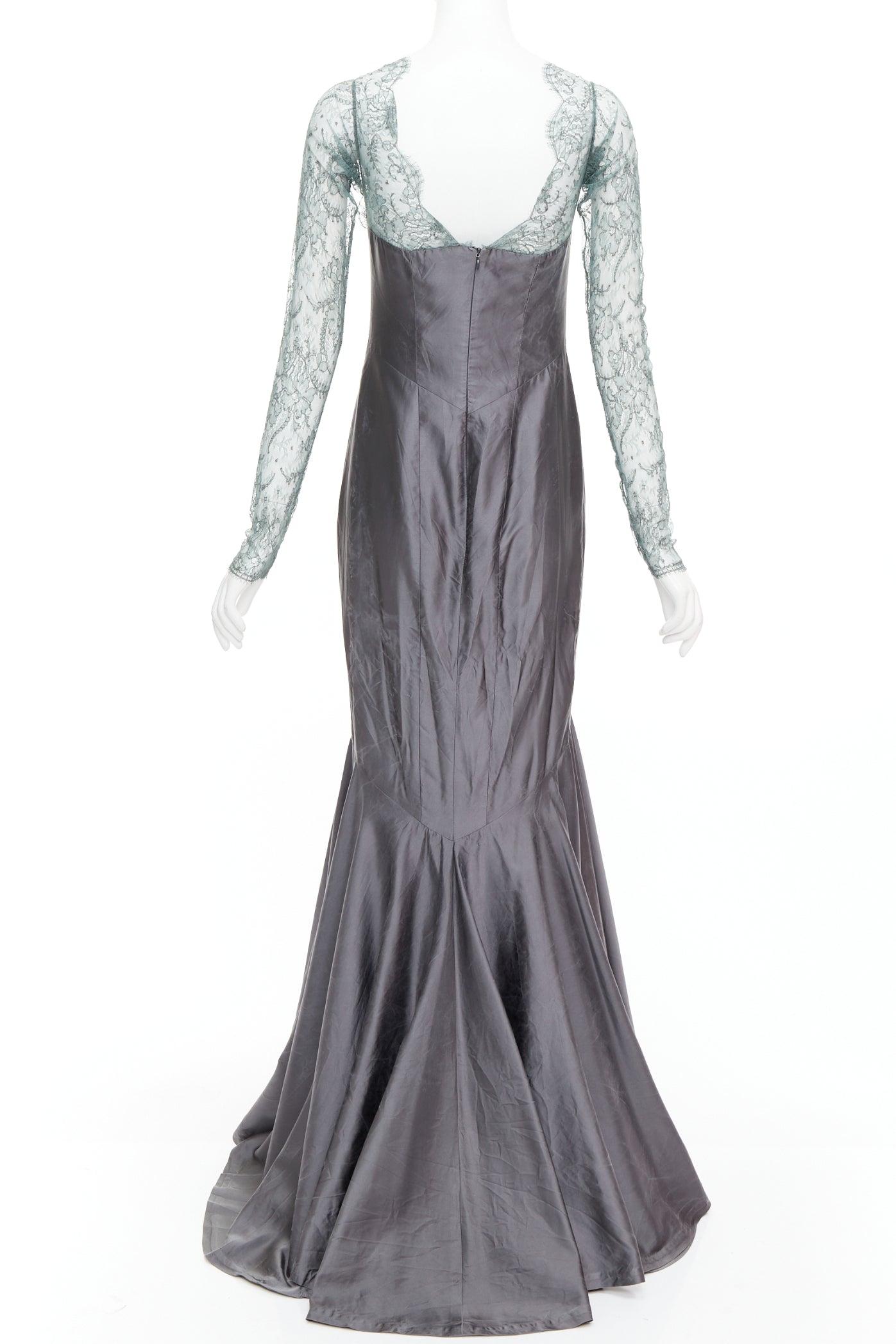 selten GUY LAROCHE COUTURE 2006 Vintage Runway grün Spitze grau Seide Meerjungfrau Kleid Damen im Angebot
