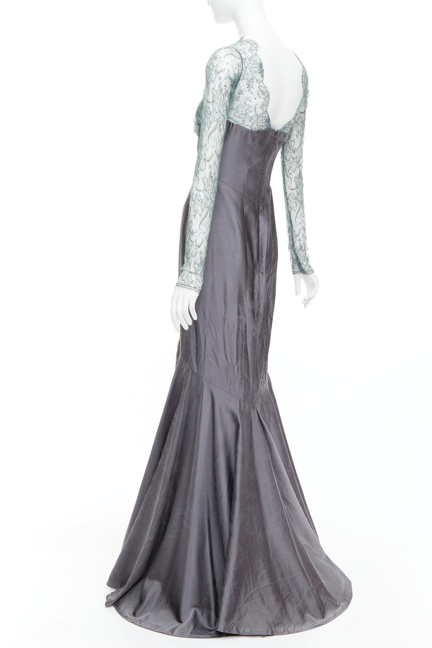 selten GUY LAROCHE COUTURE 2006 Vintage Runway grün Spitze grau Seide Meerjungfrau Kleid im Angebot 1