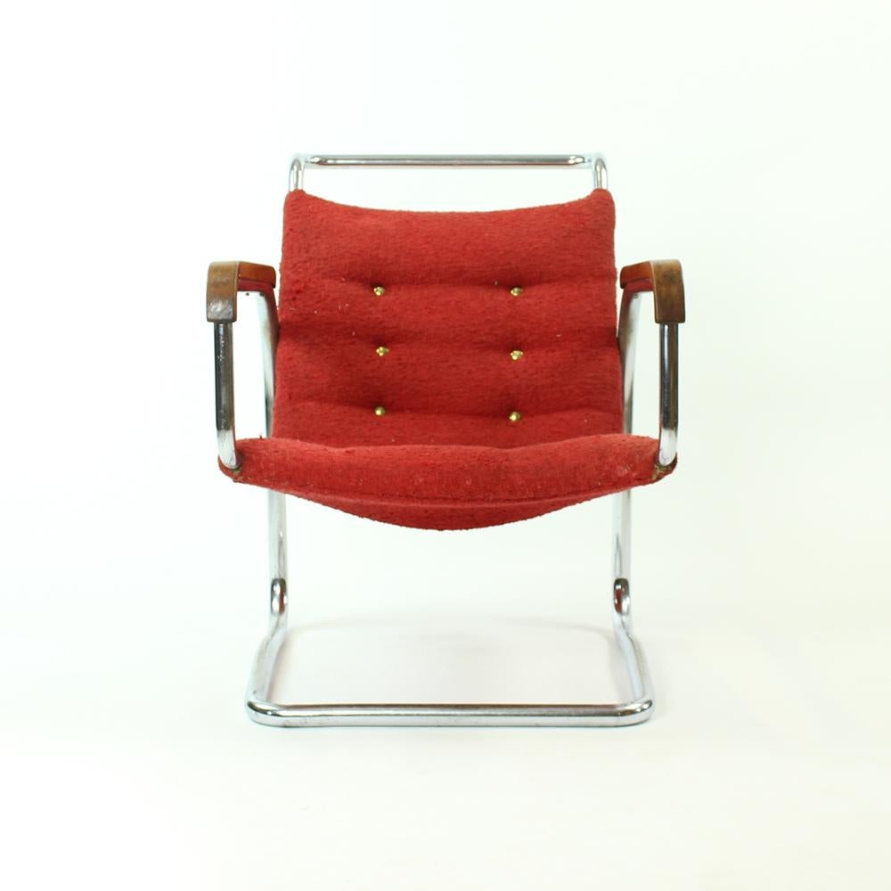 This armchair is truly one of a kind. Original design by Jindrich Halabala, the springing armchair made of bended chrome pipe. Produced before 1931 by UP Zavody in Brno, the only company Halabala ever designed for. There are very few of these chairs