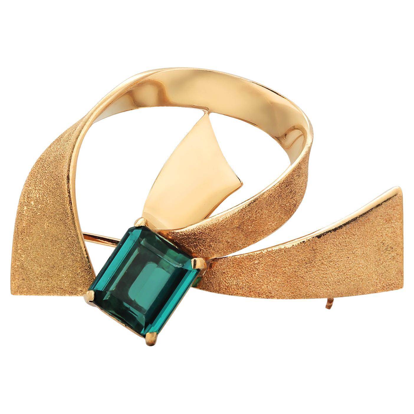 Rare H Stern Mid-Century 18K Gold Blue-Green Tourmaline Modernist Brooch Pendant For Sale