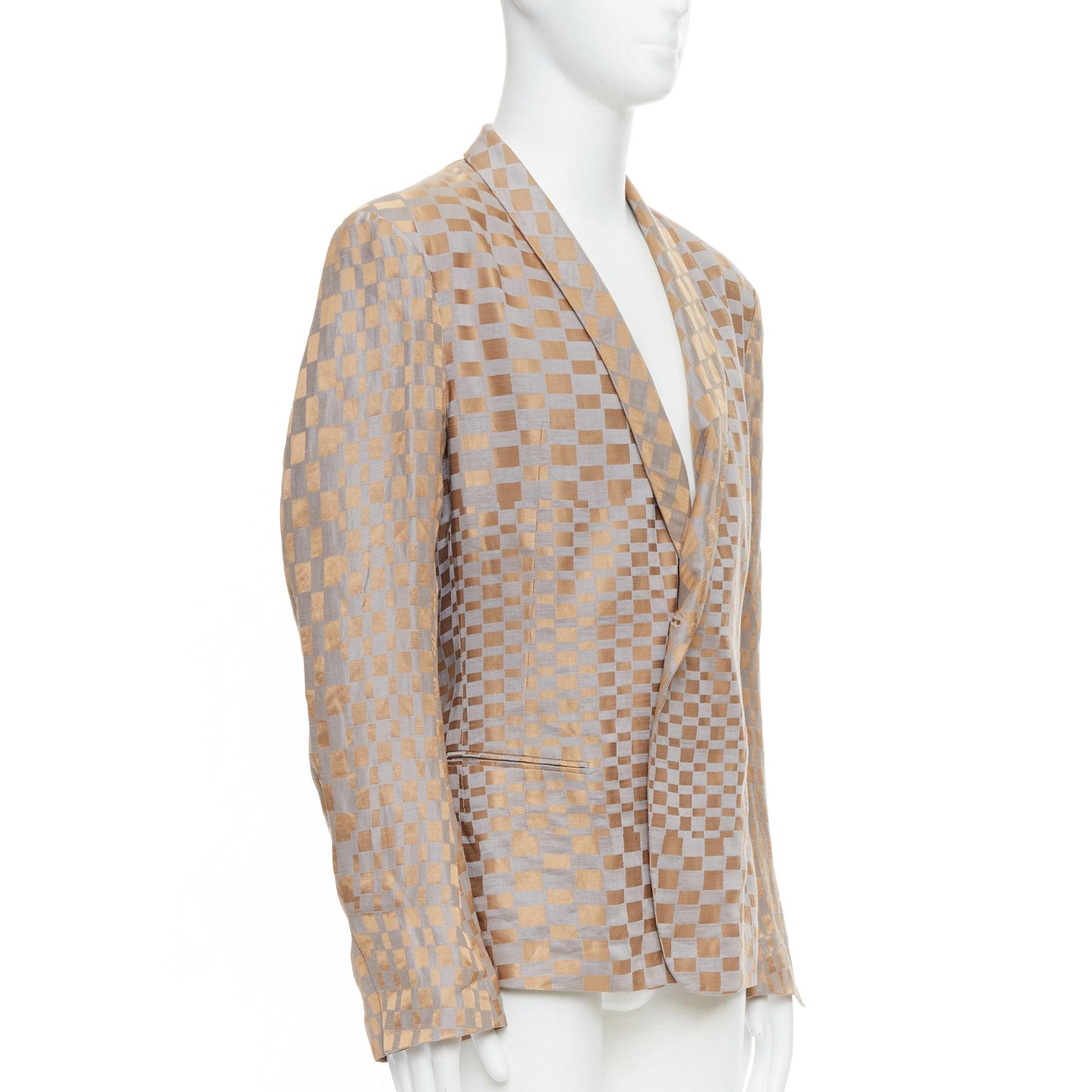 Beige rare HAIDER ACKERMANN 2015 Runway gold silver checkered linen silk blazer XL For Sale