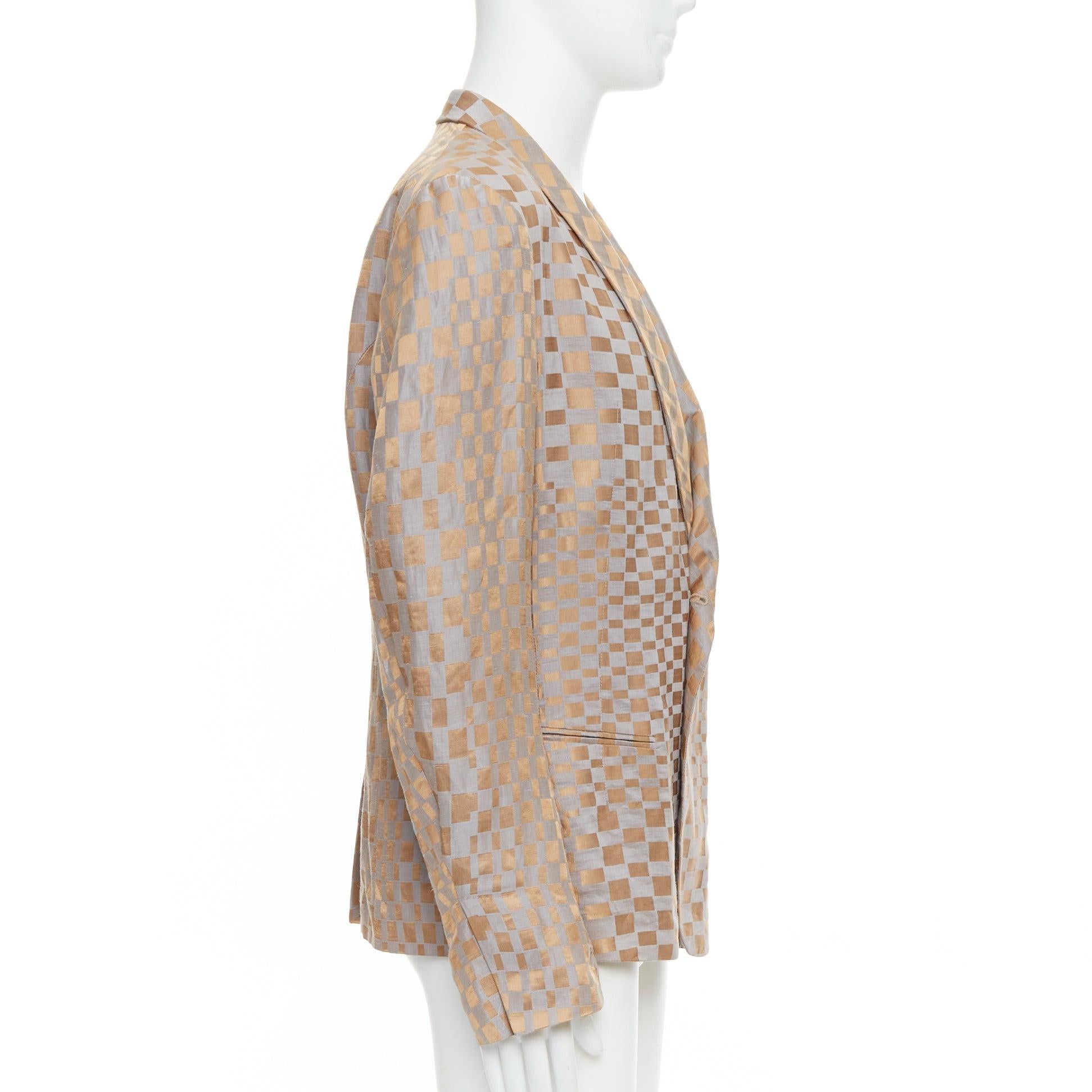 rare HAIDER ACKERMANN 2015 Runway gold silver checkered linen silk blazer XL In Good Condition For Sale In Hong Kong, NT