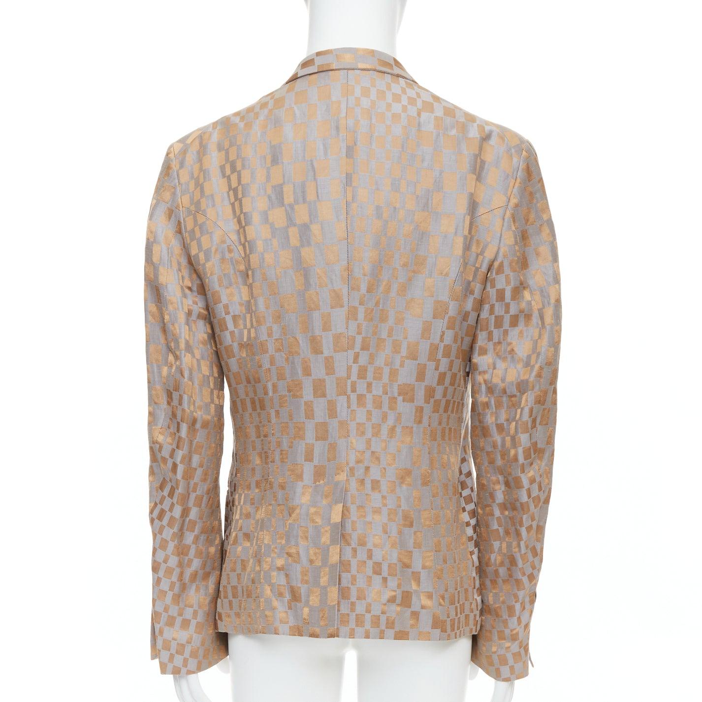 Men's rare HAIDER ACKERMANN 2015 Runway gold silver checkered linen silk blazer XL For Sale