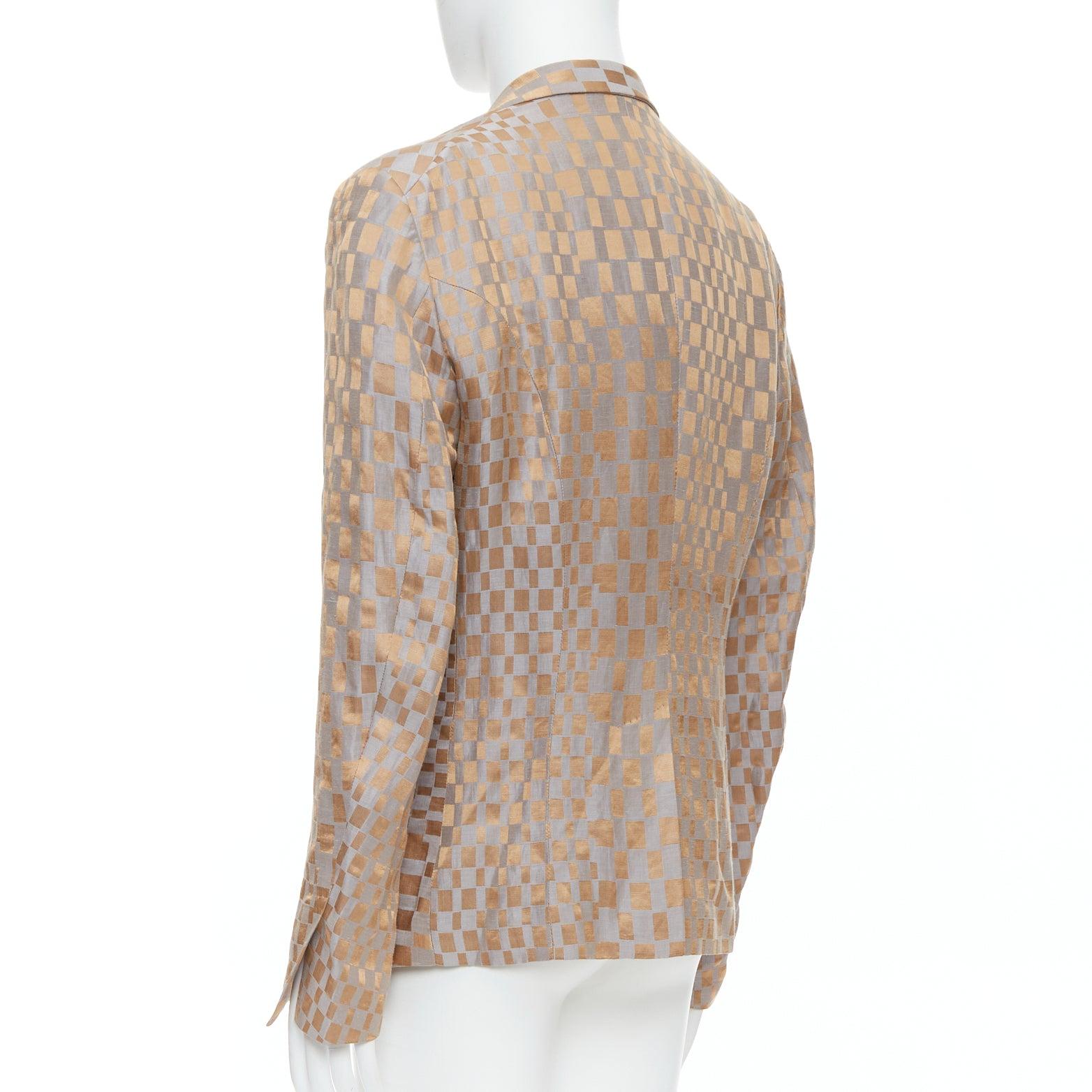 rare HAIDER ACKERMANN 2015 Runway gold silver checkered linen silk blazer XL For Sale 1