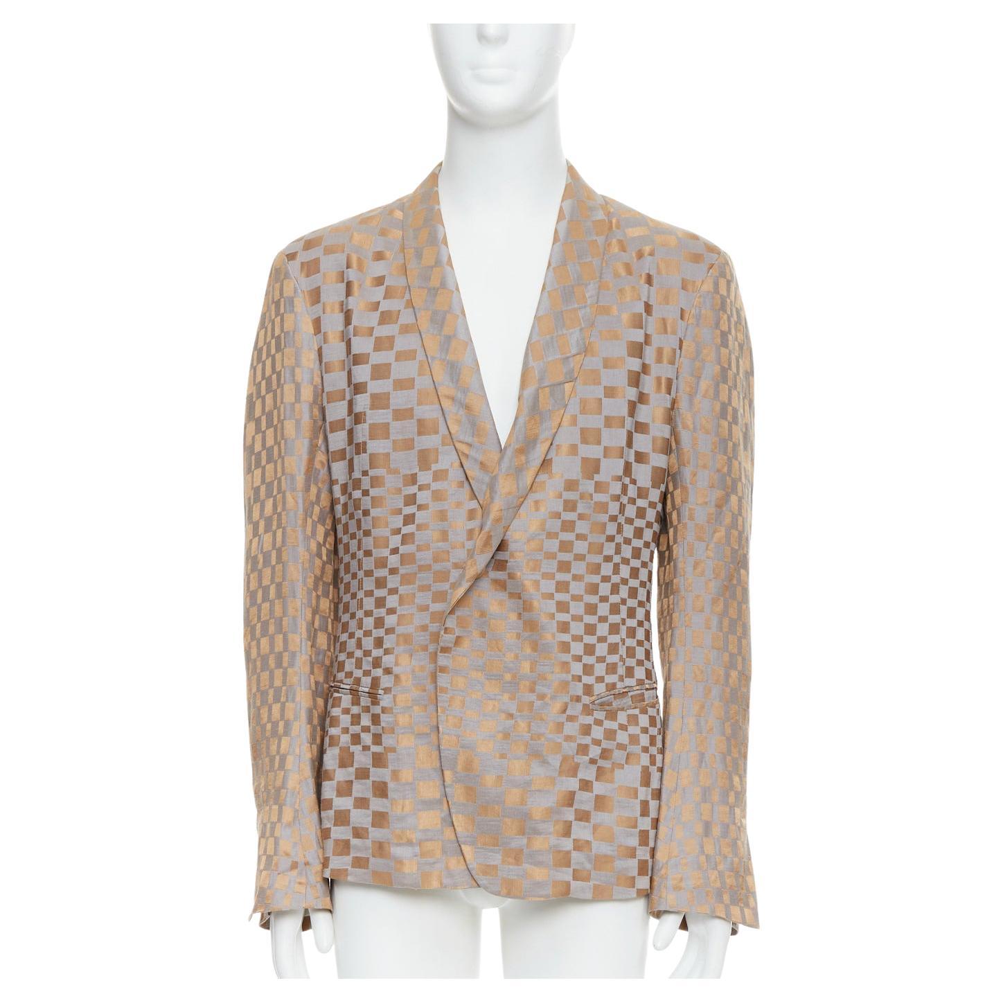 rare HAIDER ACKERMANN 2015 Runway gold silver checkered linen silk blazer XL For Sale