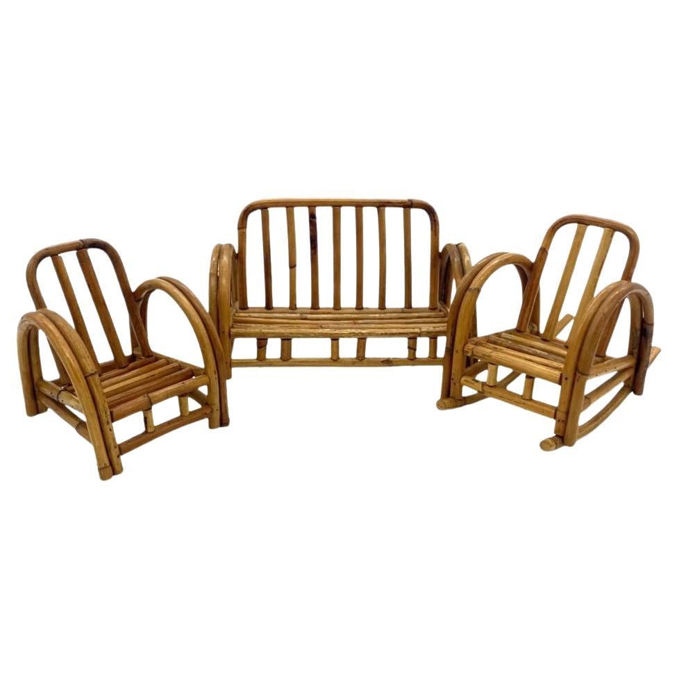 Rare Half Moon Salesman Sample Rattan Sofa and Lounge Chair and Rocking Chair