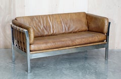 Rare Halo Groucho Brown Leather & Chrome Framed Sofa & Pair of Armchairs Suite