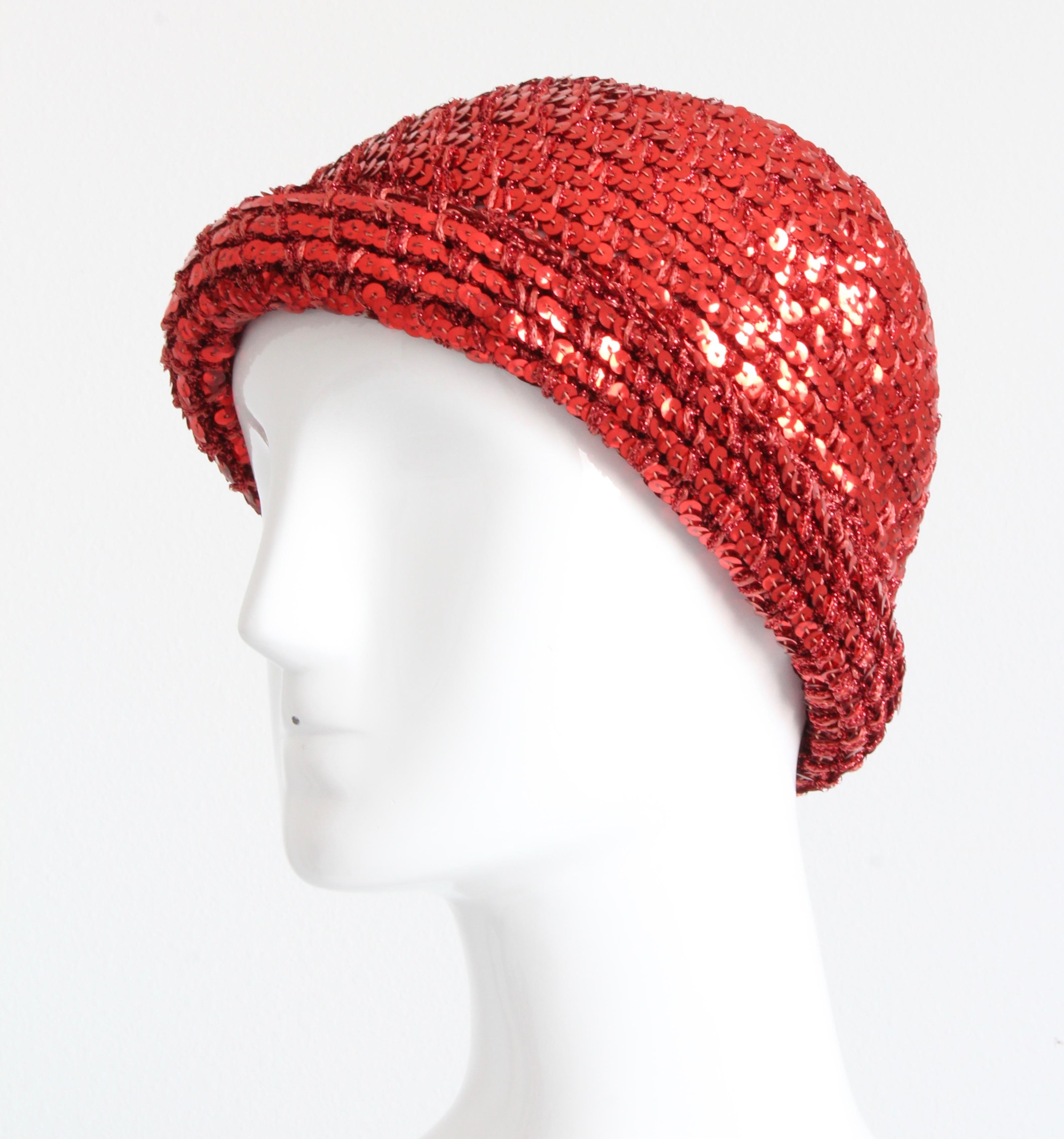 Gray Rare Halston Red Sequins Hat Disco Skull Cap Festive Party Wear 1970s Sz S