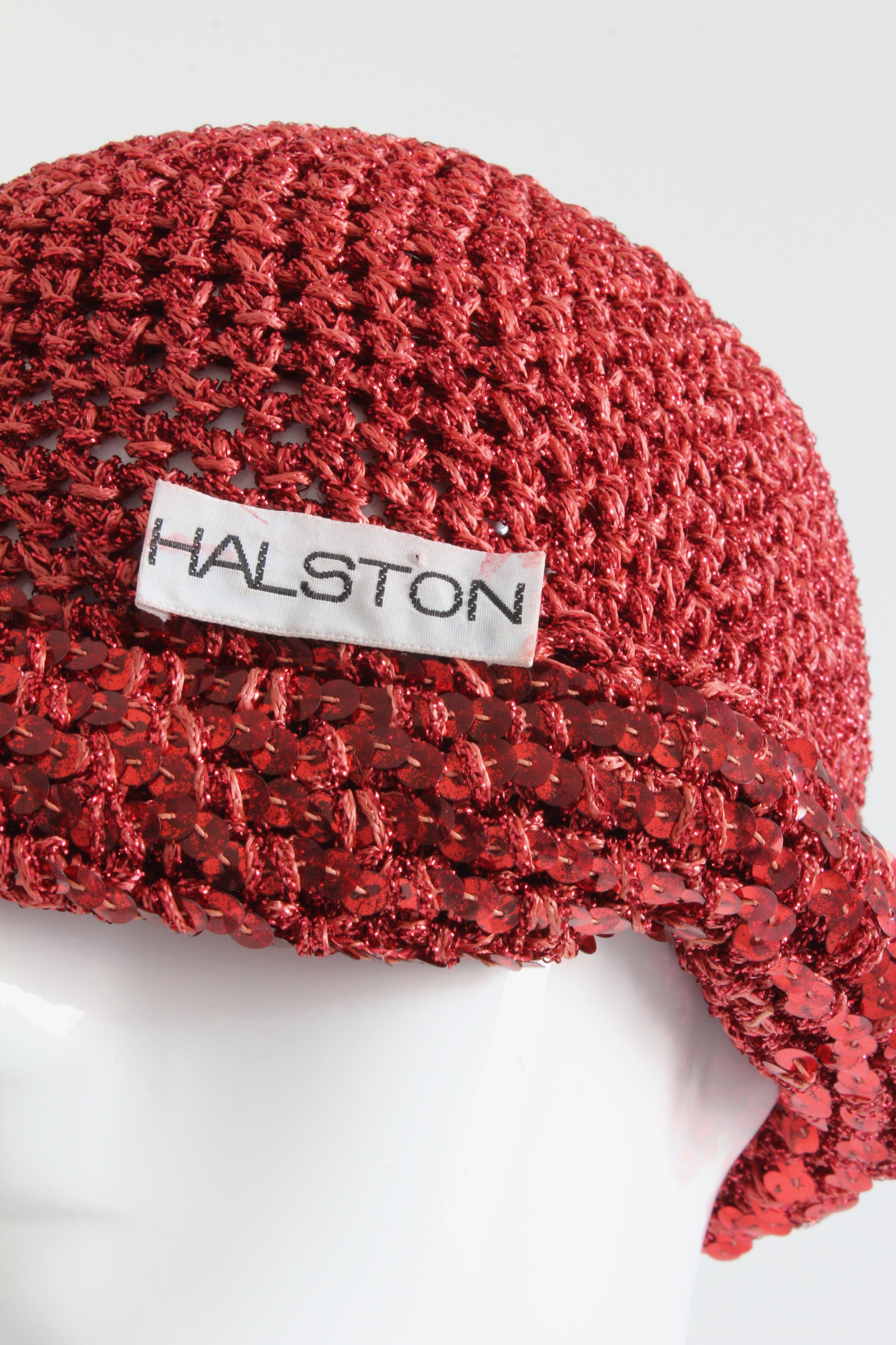 Women's Rare Halston Red Sequins Hat Disco Skull Cap Festive Party Wear 1970s Sz S