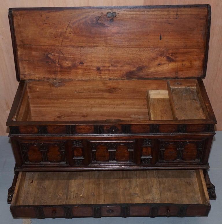 Rare Hand Carved 18th Century Italian Walnut Cassone Trunk Chest Blanket Box For Sale 9
