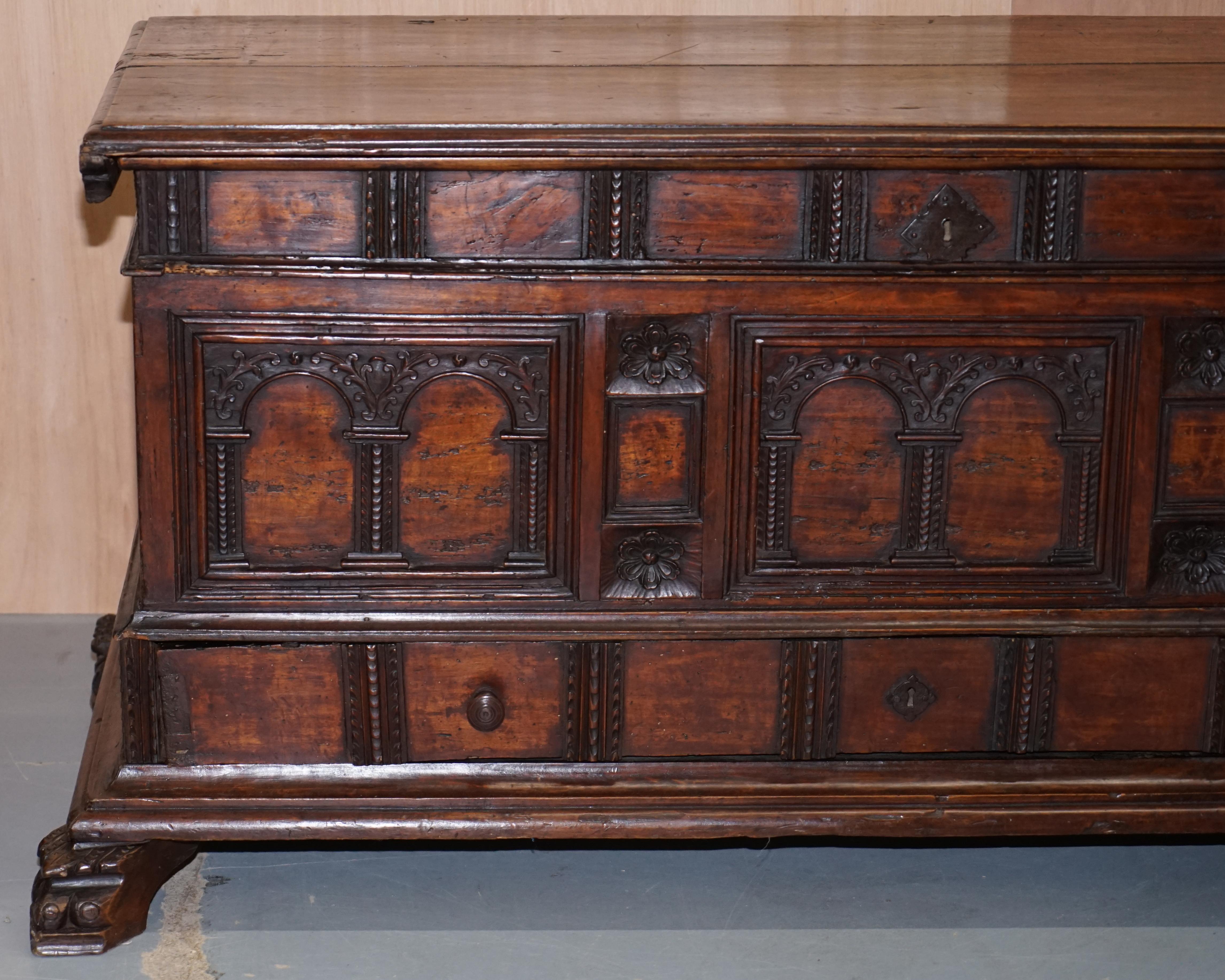 Hand-Carved Rare Hand Carved 18th Century Italian Walnut Cassone Trunk Chest Blanket Box