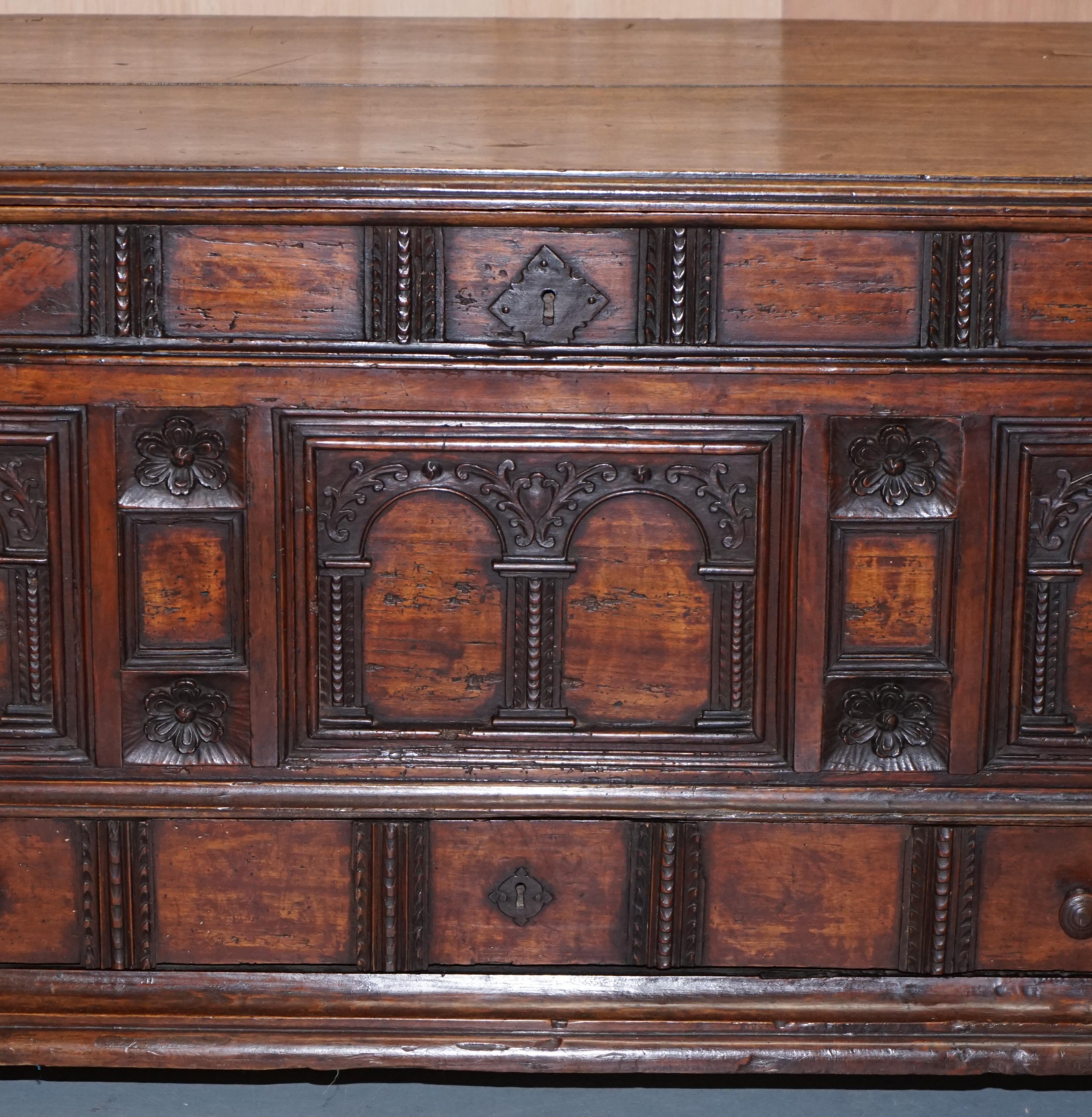 18th Century and Earlier Rare Hand Carved 18th Century Italian Walnut Cassone Trunk Chest Blanket Box