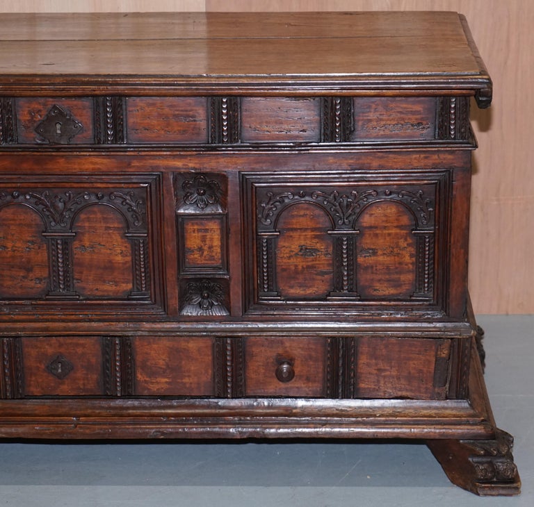 18th Century and Earlier Rare Hand Carved 18th Century Italian Walnut Cassone Trunk Chest Blanket Box For Sale