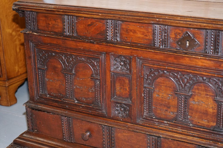 Rare Hand Carved 18th Century Italian Walnut Cassone Trunk Chest Blanket Box For Sale 1