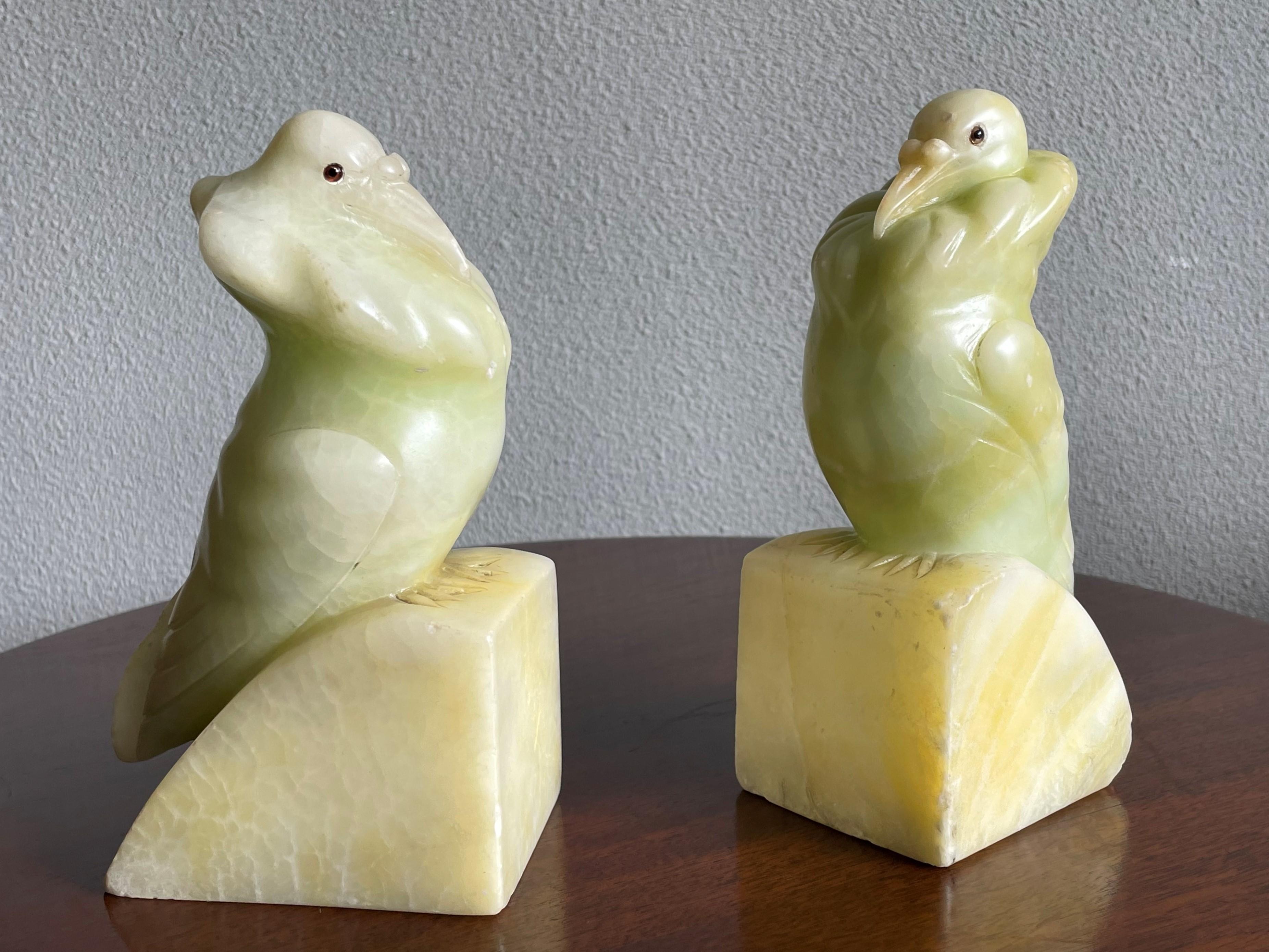 Rare Hand Carved Alabaster Pair of Fancy Pigeon Bookend Sculptures Art Deco 1920 3
