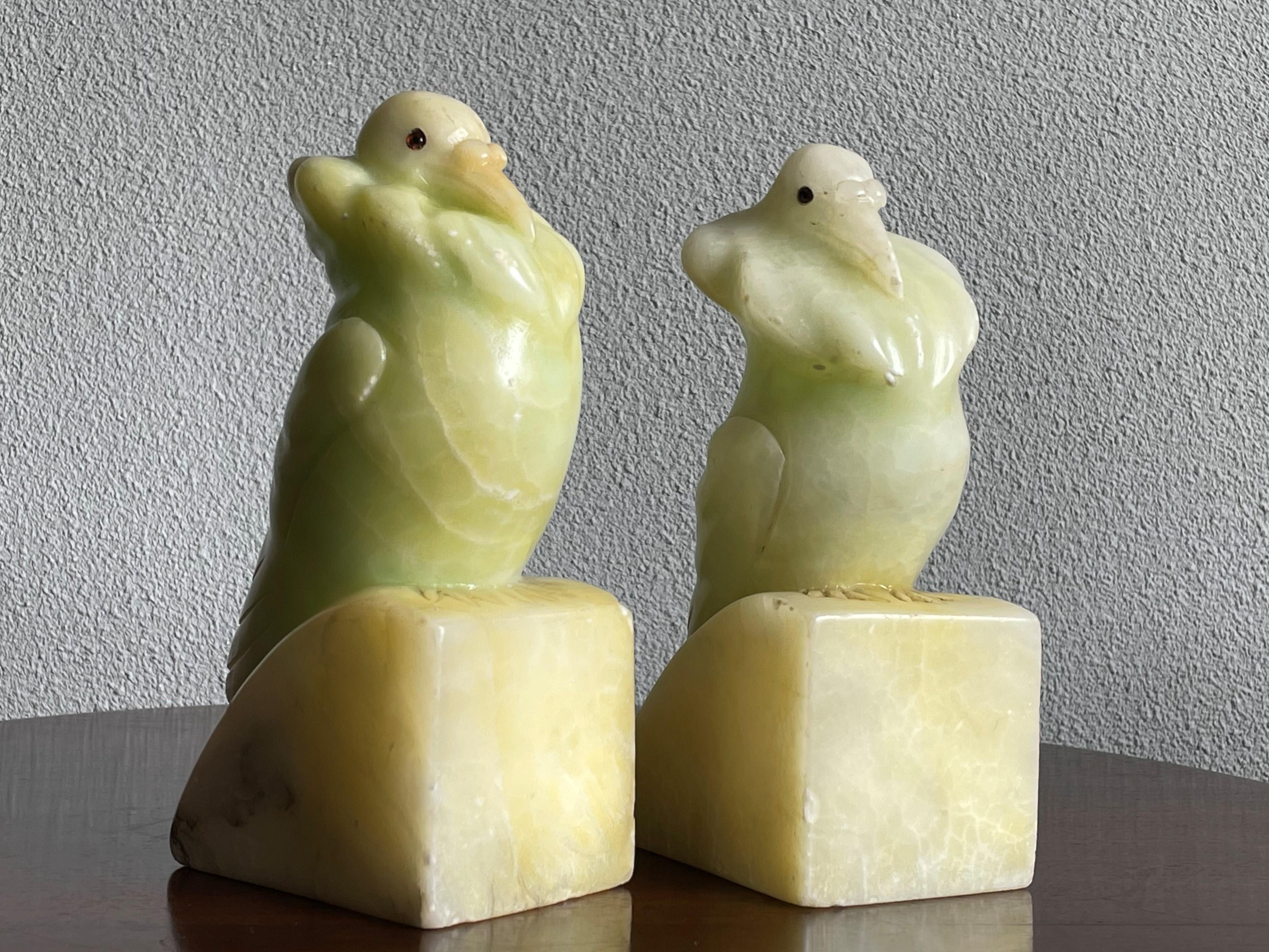 Rare Hand Carved Alabaster Pair of Fancy Pigeon Bookend Sculptures Art Deco 1920 4