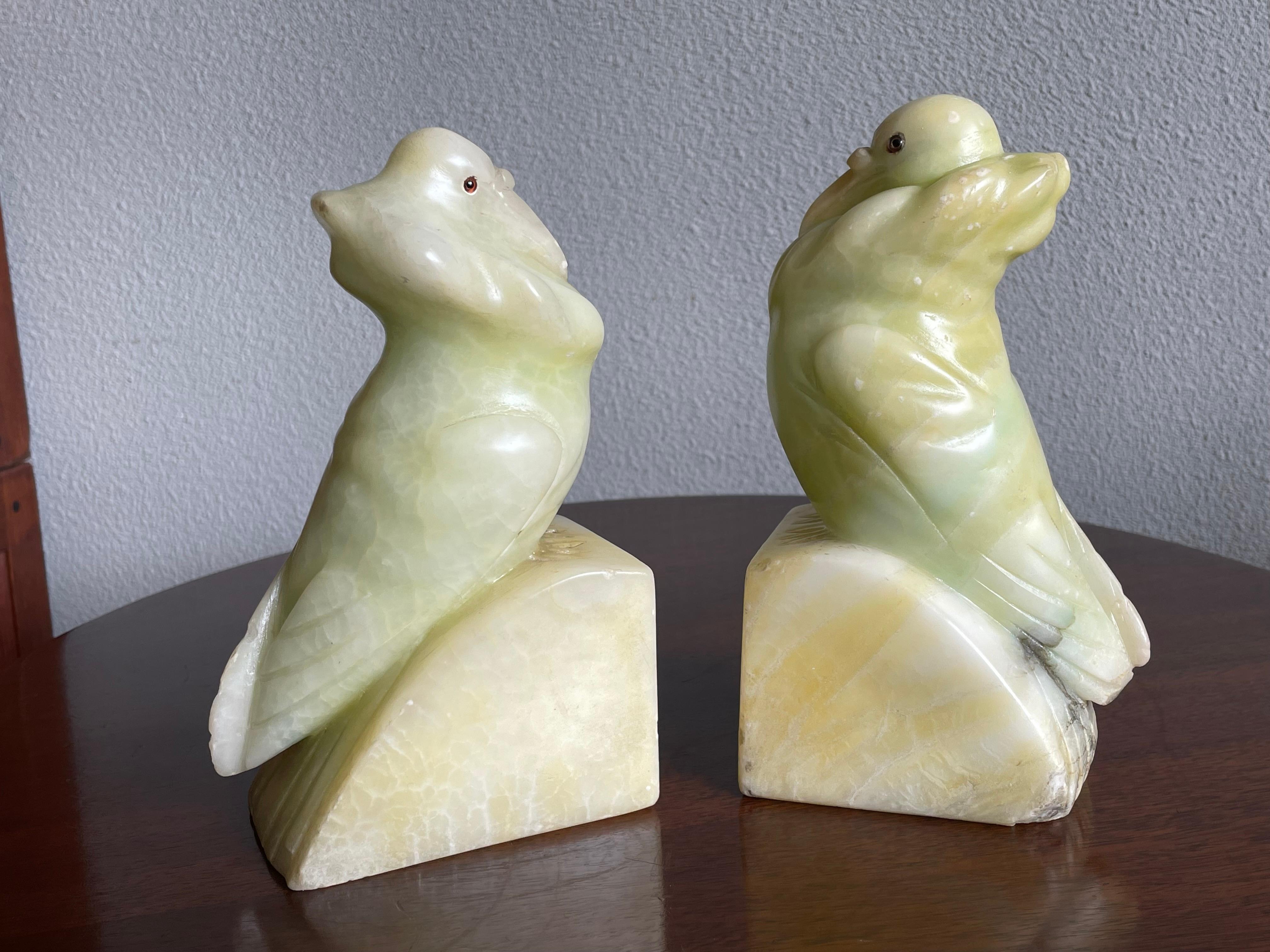 Rare Hand Carved Alabaster Pair of Fancy Pigeon Bookend Sculptures Art Deco 1920 7