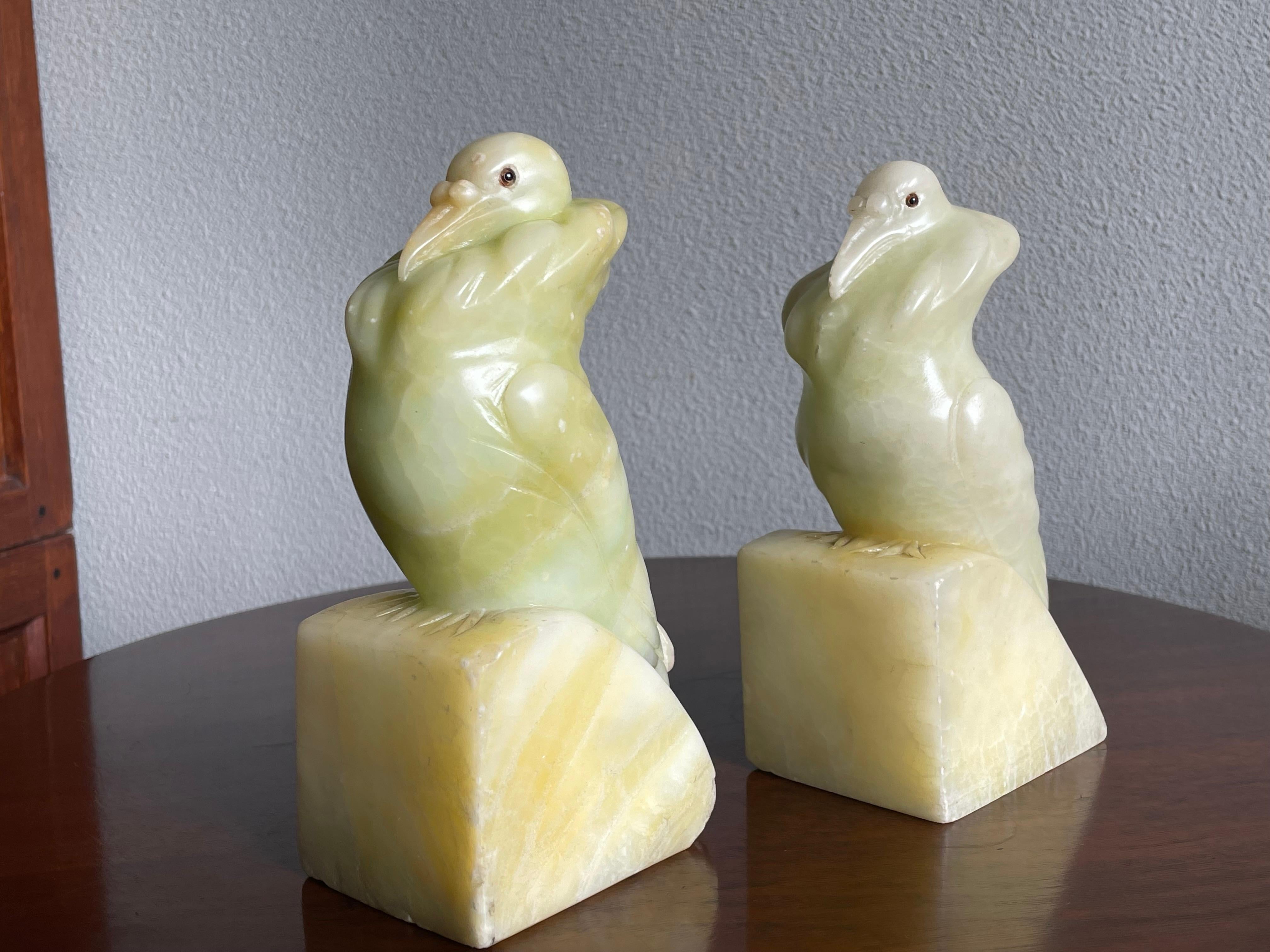 Rare Hand Carved Alabaster Pair of Fancy Pigeon Bookend Sculptures Art Deco 1920 8