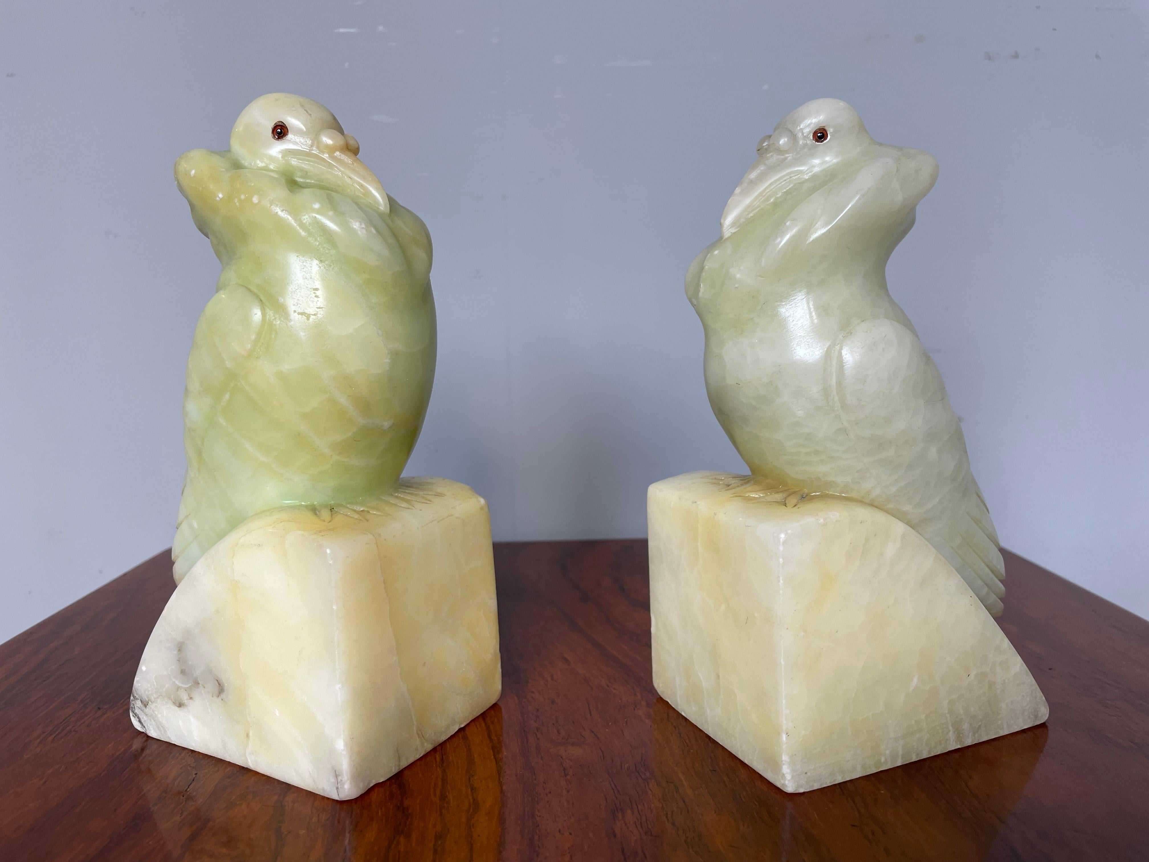 Rare Hand Carved Alabaster Pair of Fancy Pigeon Bookend Sculptures Art Deco 1920 9