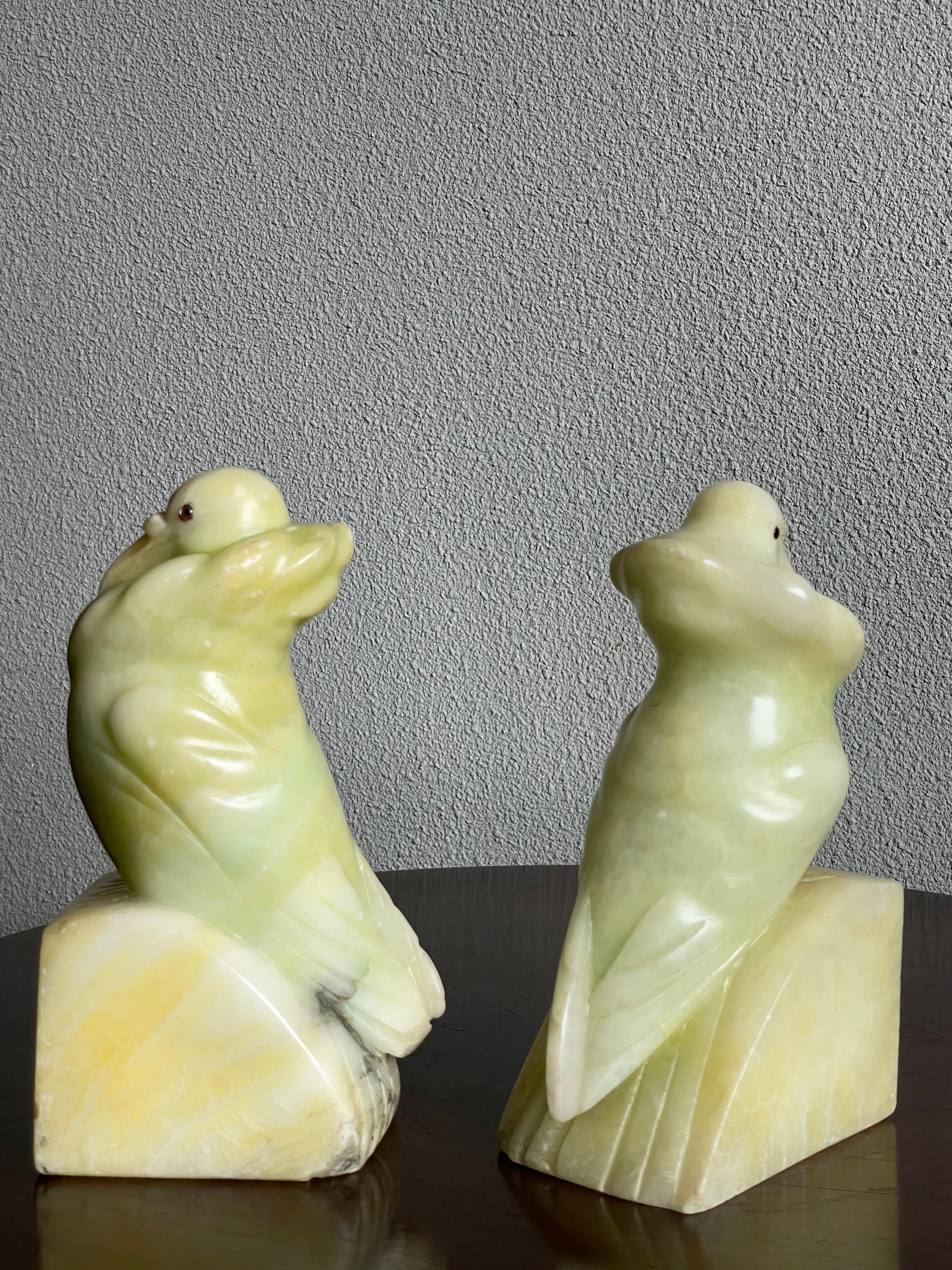 Rare Hand Carved Alabaster Pair of Fancy Pigeon Bookend Sculptures Art Deco 1920 10