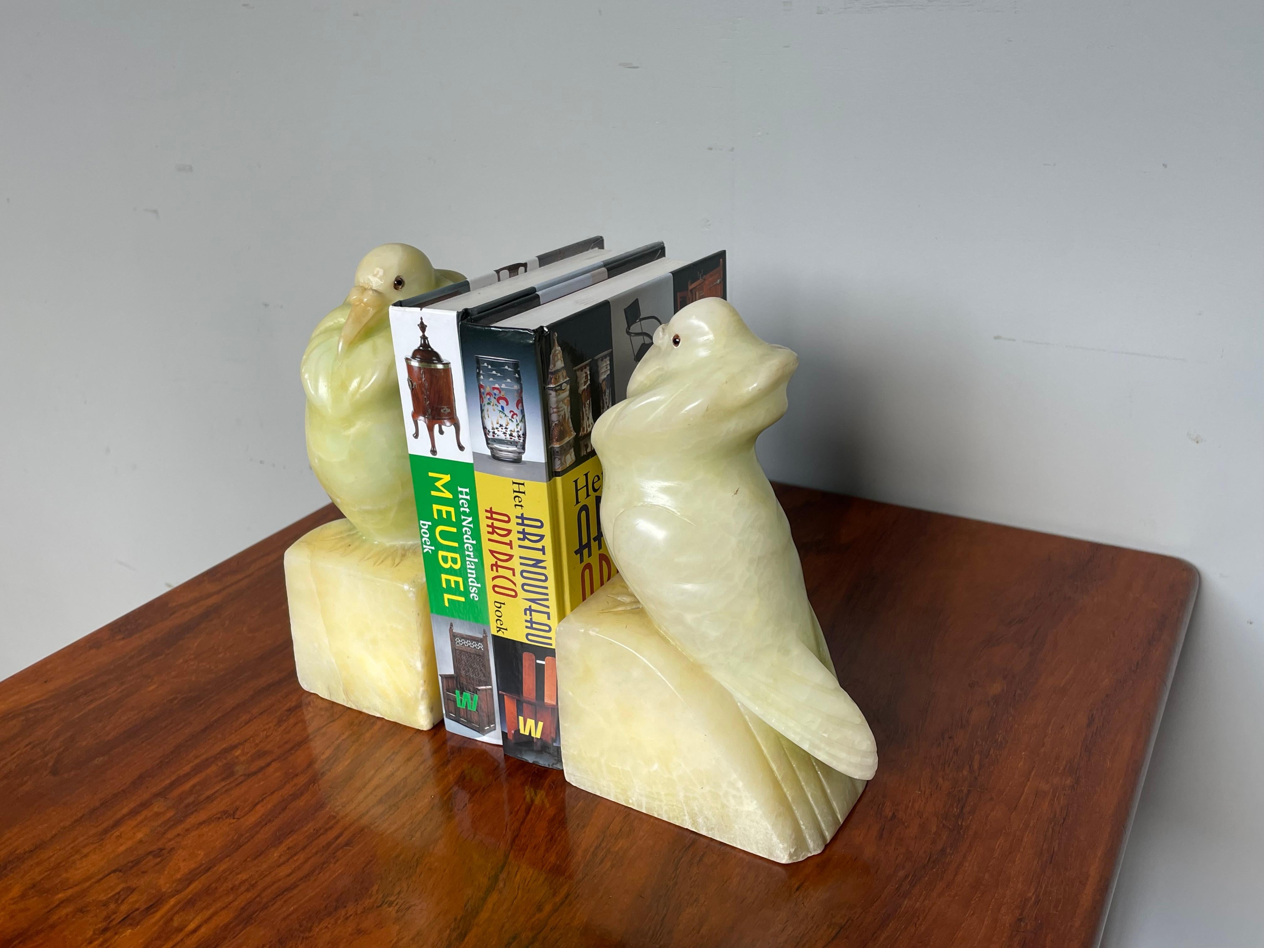 Rare Hand Carved Alabaster Pair of Fancy Pigeon Bookend Sculptures Art Deco 1920 12