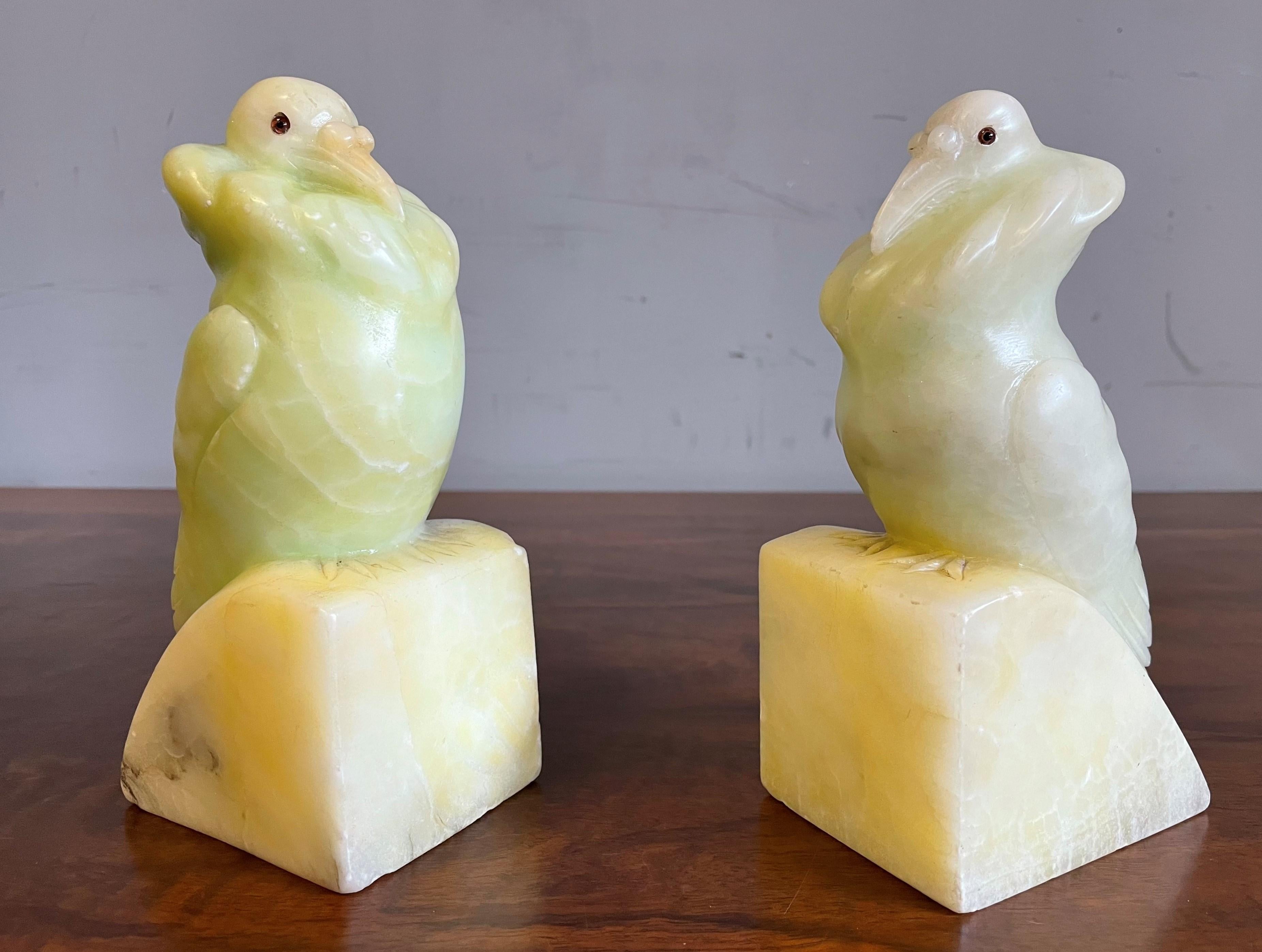 European Rare Hand Carved Alabaster Pair of Fancy Pigeon Bookend Sculptures Art Deco 1920