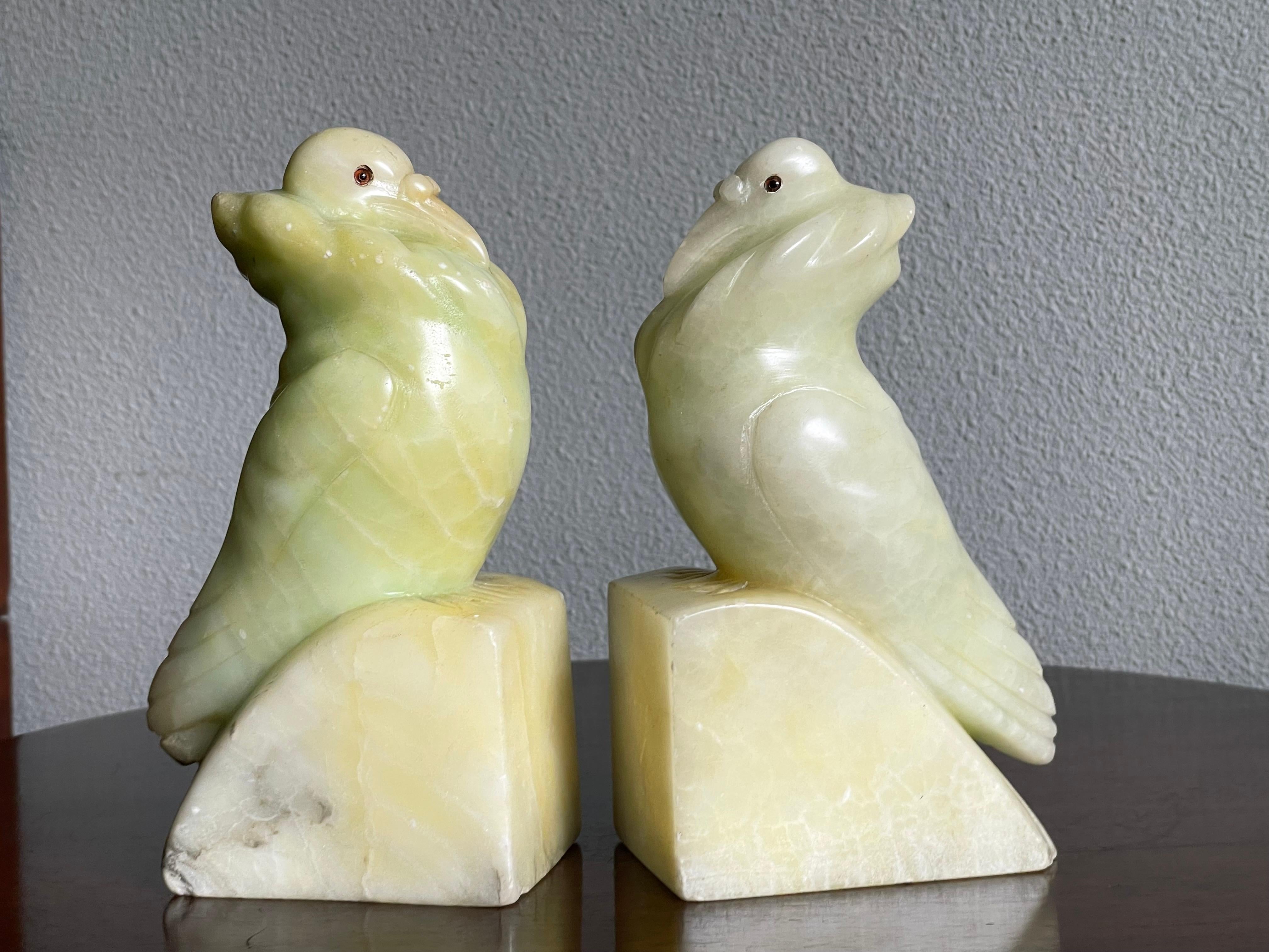 20th Century Rare Hand Carved Alabaster Pair of Fancy Pigeon Bookend Sculptures Art Deco 1920