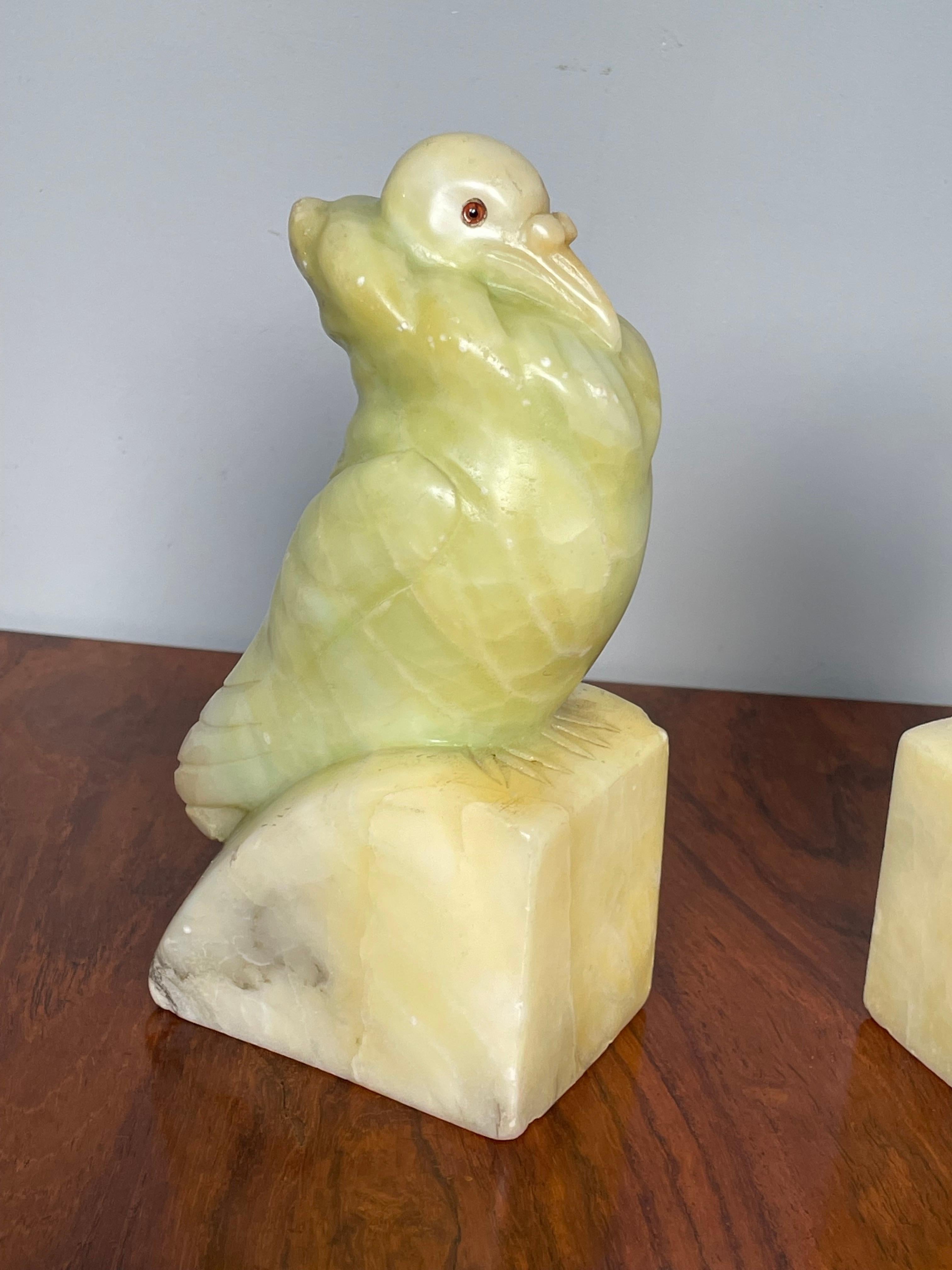 Glass Rare Hand Carved Alabaster Pair of Fancy Pigeon Bookend Sculptures Art Deco 1920