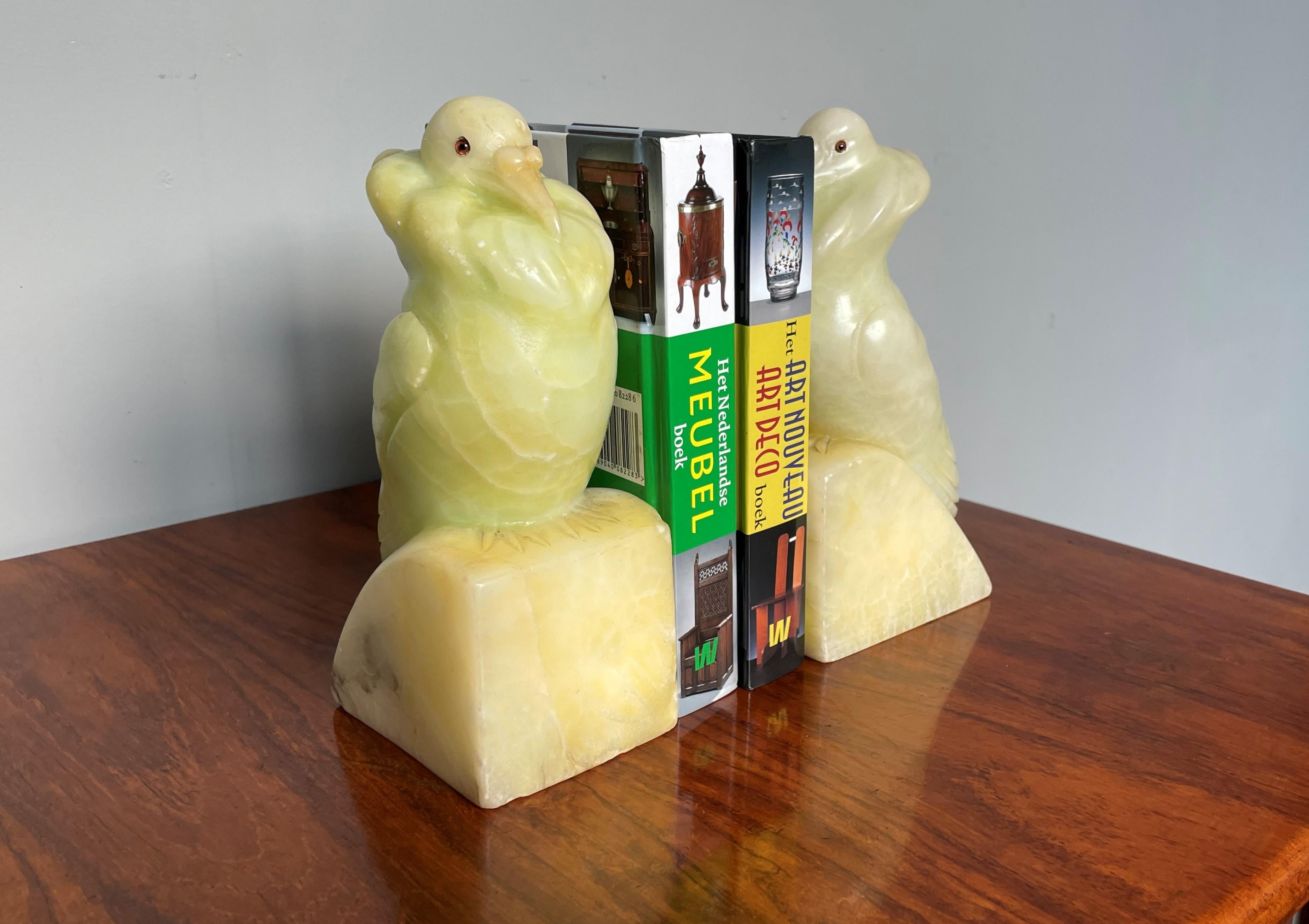 Rare Hand Carved Alabaster Pair of Fancy Pigeon Bookend Sculptures Art Deco 1920 1