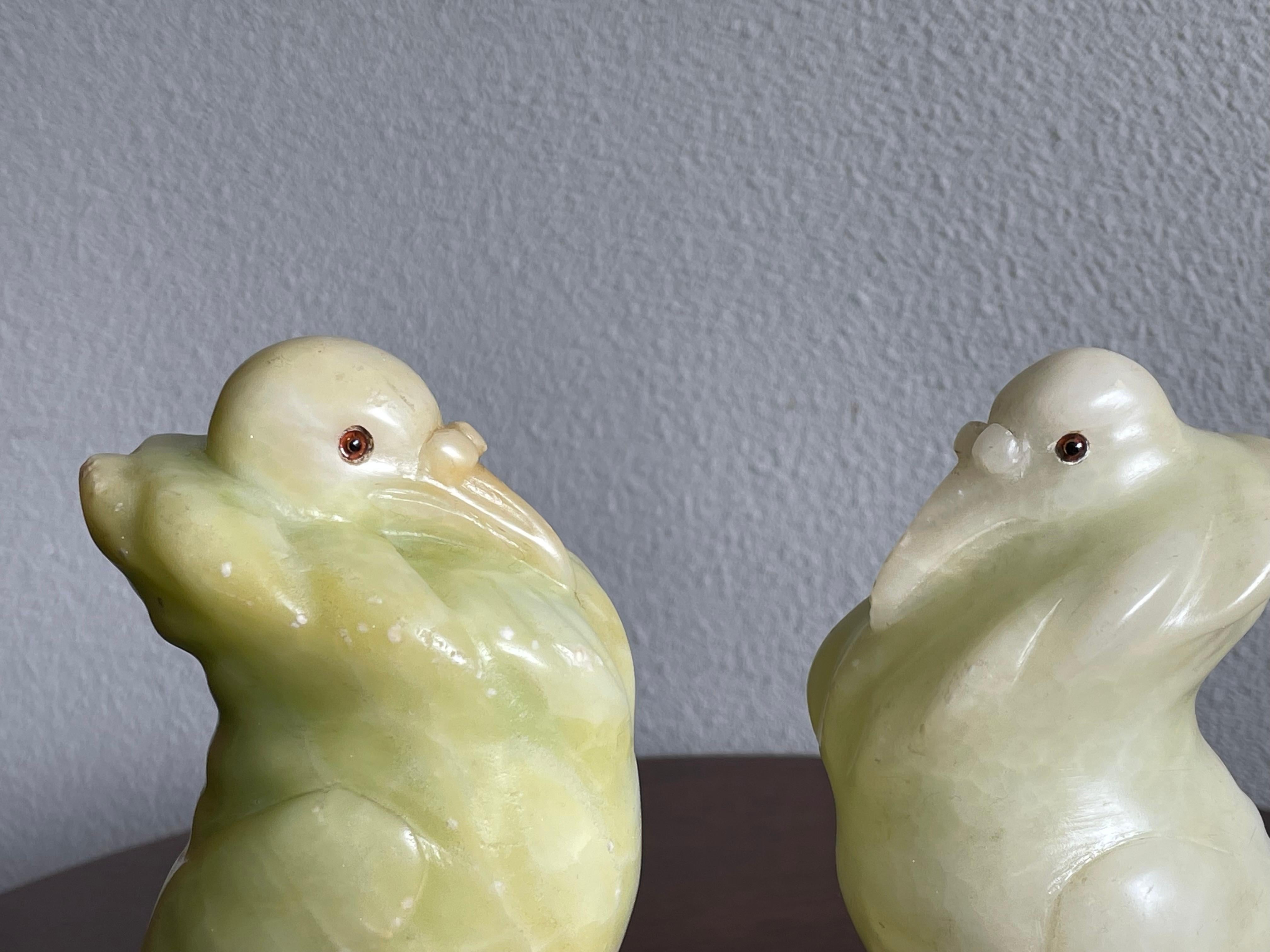 Rare Hand Carved Alabaster Pair of Fancy Pigeon Bookend Sculptures Art Deco 1920 2