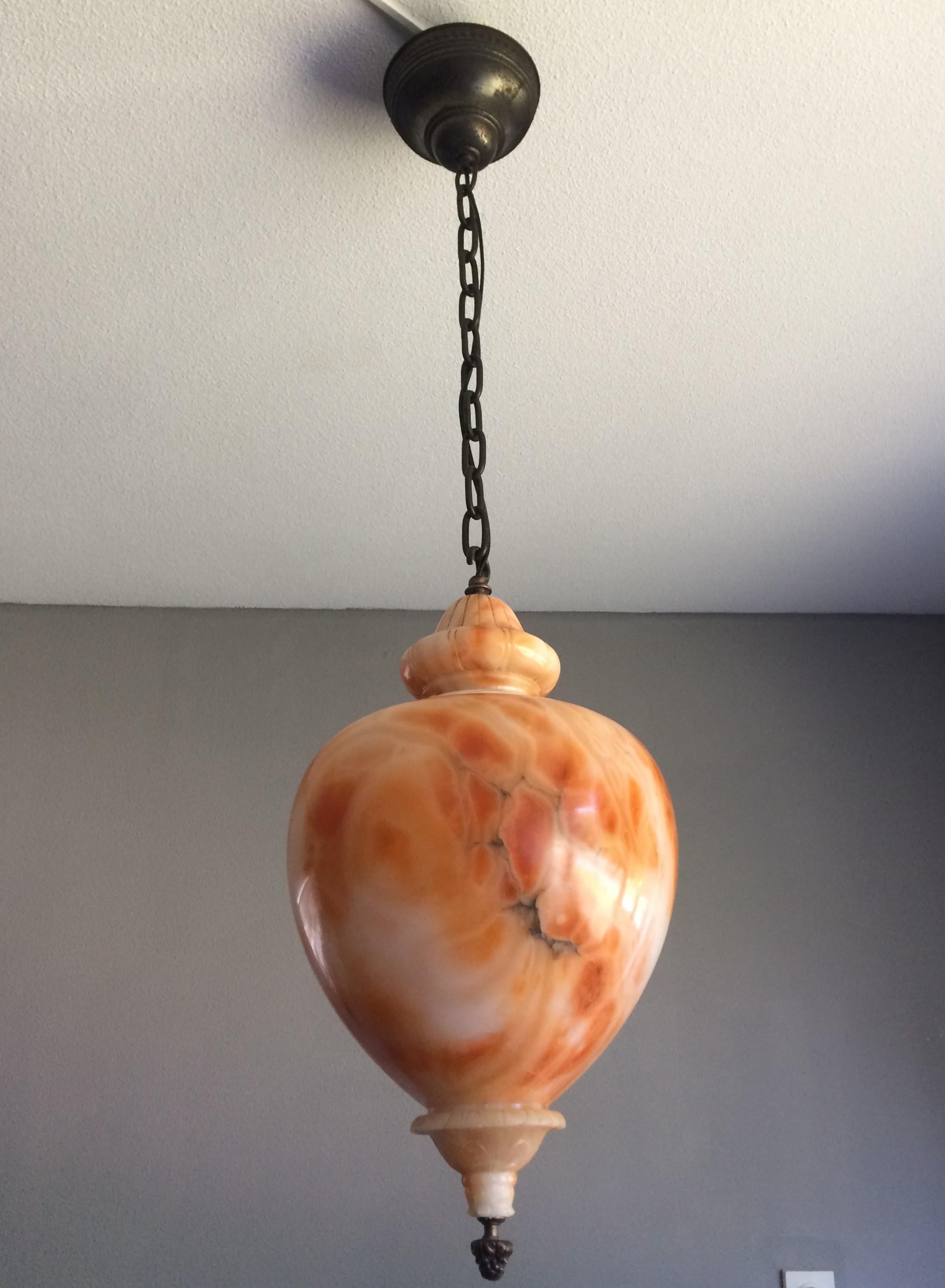 20th Century Unique Hand Carved Vivid Alabaster Pendant Light Chandelier w Stunning Patterns