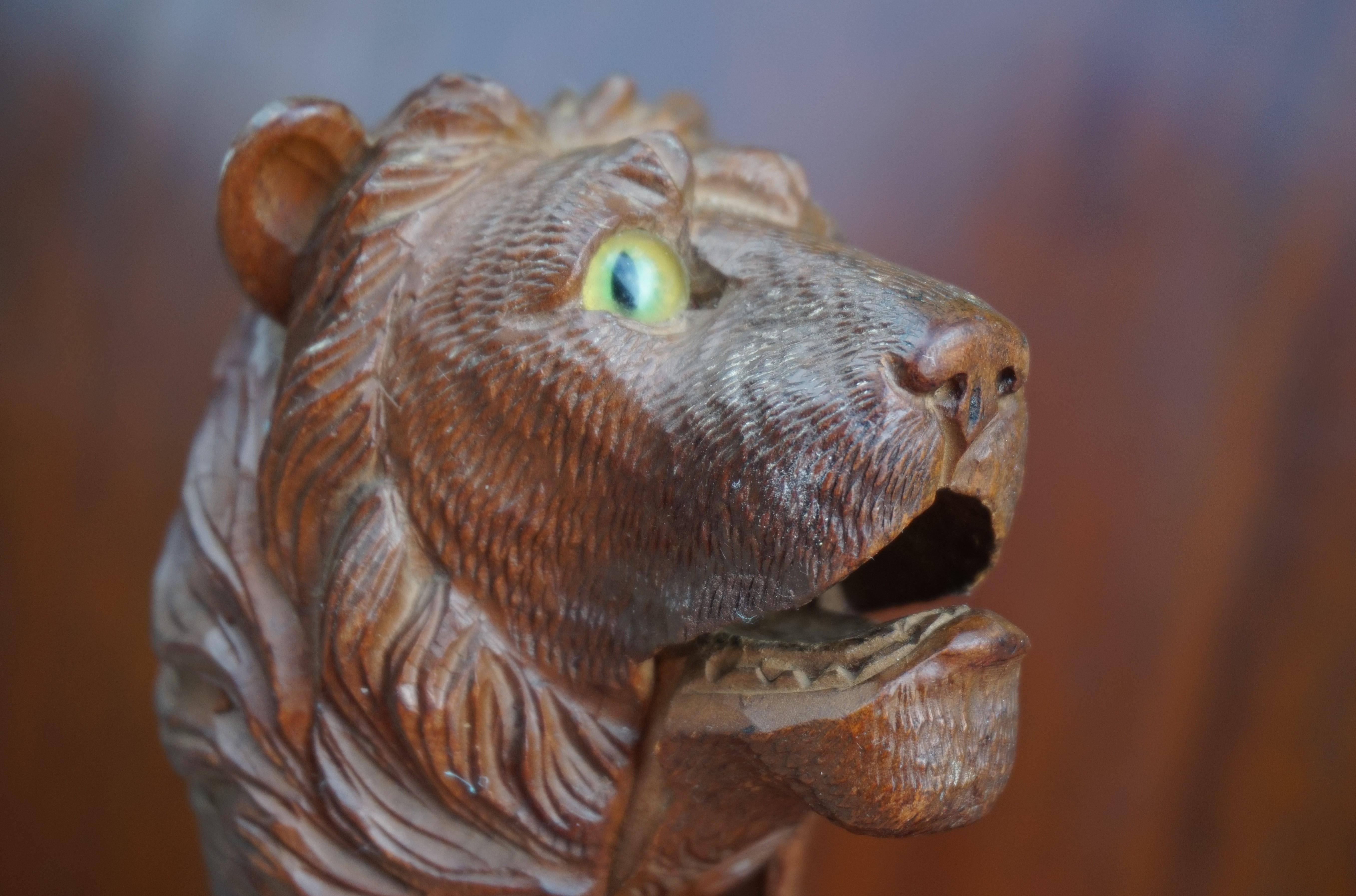 Rare Hand Carved Antique Black Forest Lion Sculpture Nutcracker with Glass Eyes For Sale 5