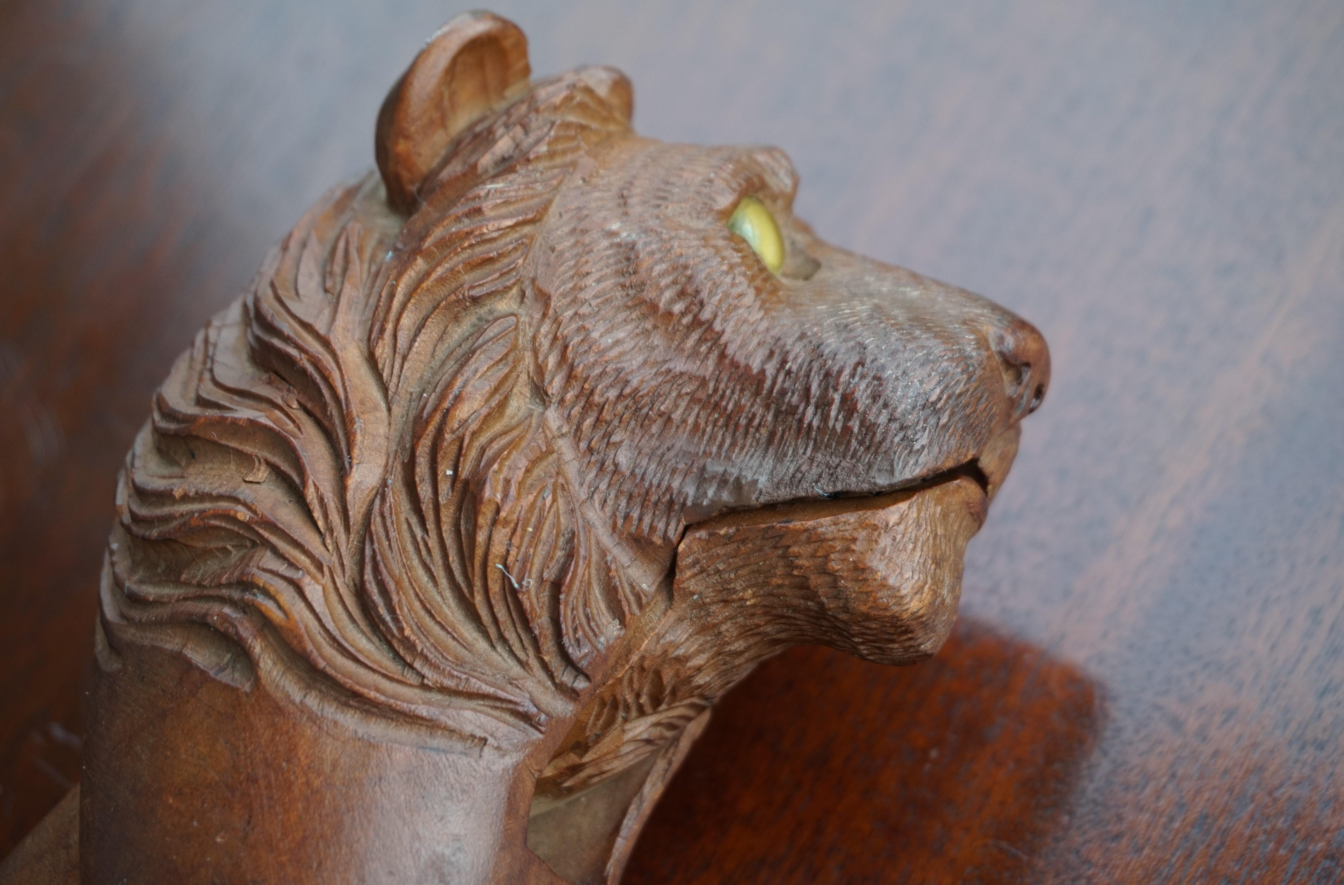 Rare Hand Carved Antique Black Forest Lion Sculpture Nutcracker with Glass Eyes For Sale 6