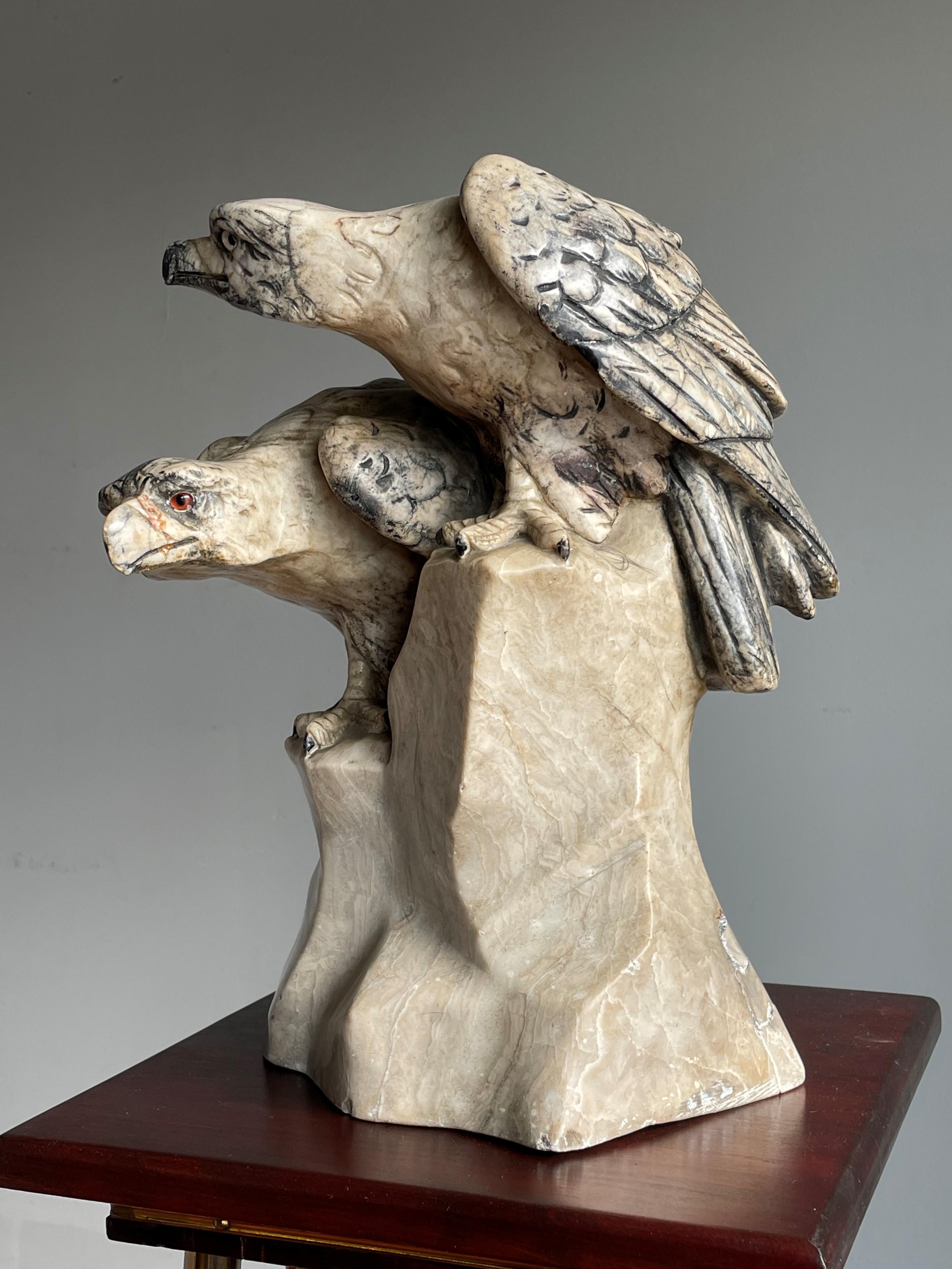 Inlay Rare Hand Carved Antique Double Eagle Sculpture on Alabaster Rock Signed & Dated For Sale