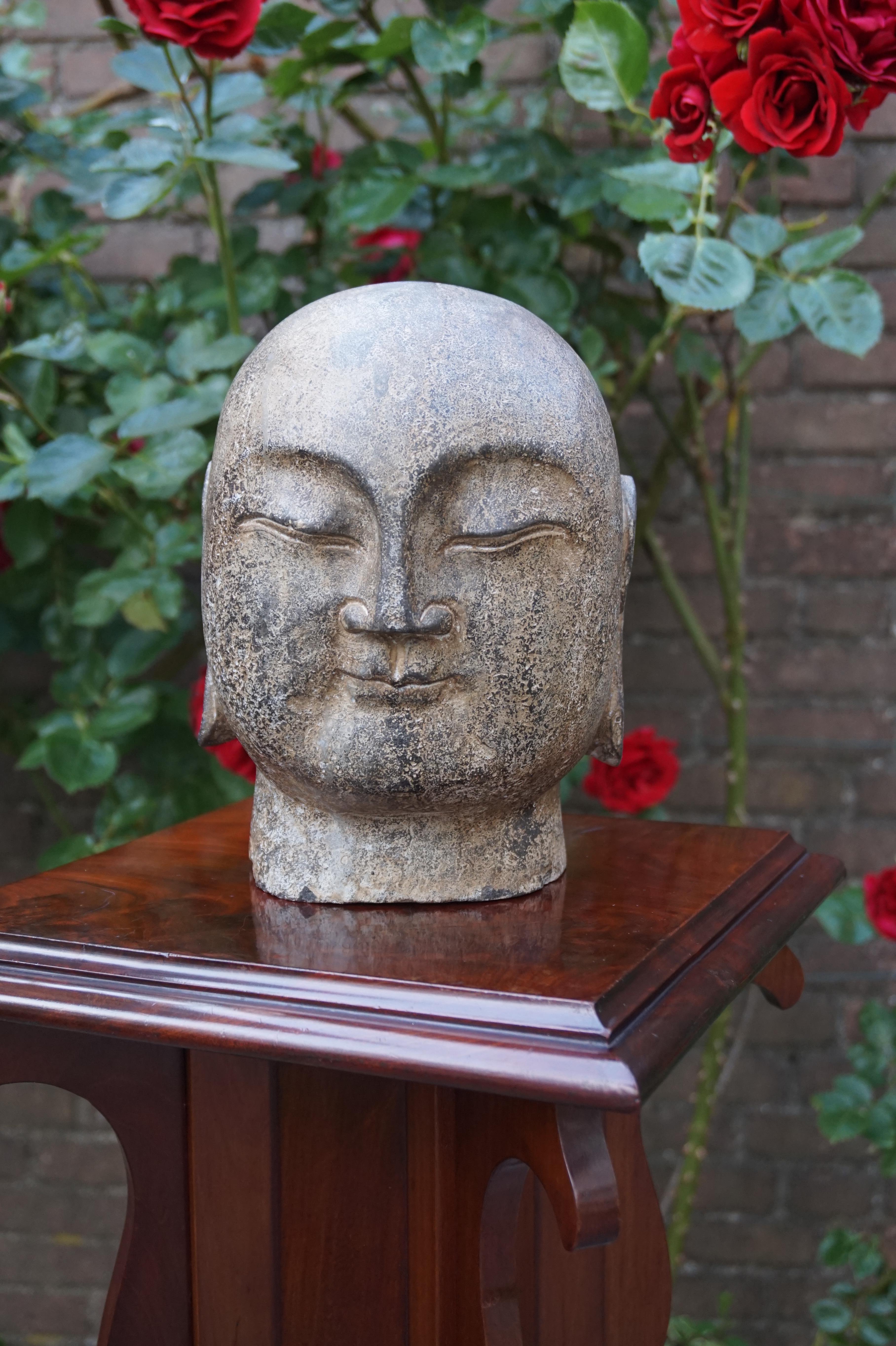 Rare Hand Carved Antique Japanese Marble or Granite Buddha Head Sculpture For Sale 3