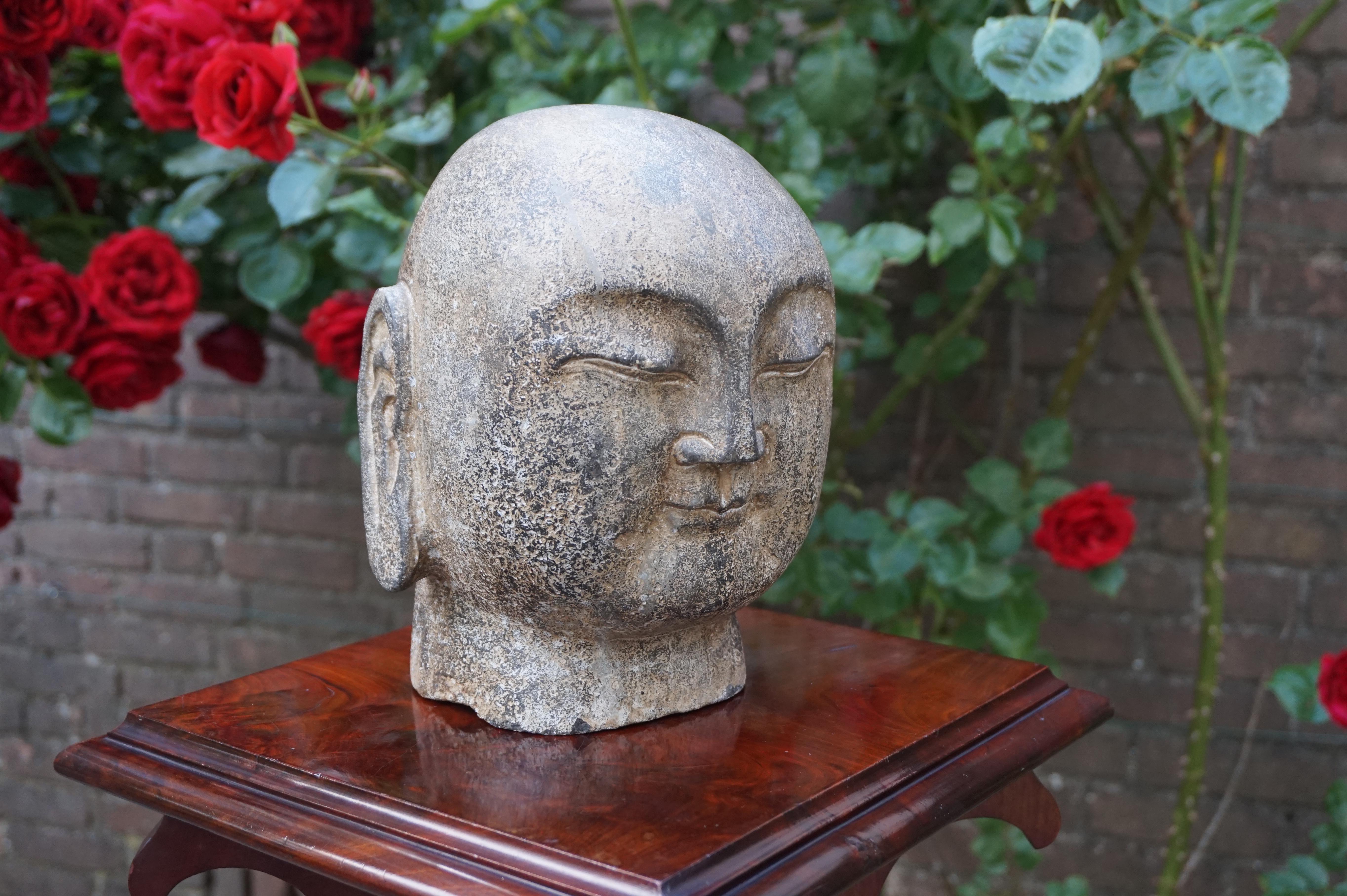 Rare sculpture de tête de Bouddha japonaise ancienne en marbre ou granit, sculptée à la main en vente 5