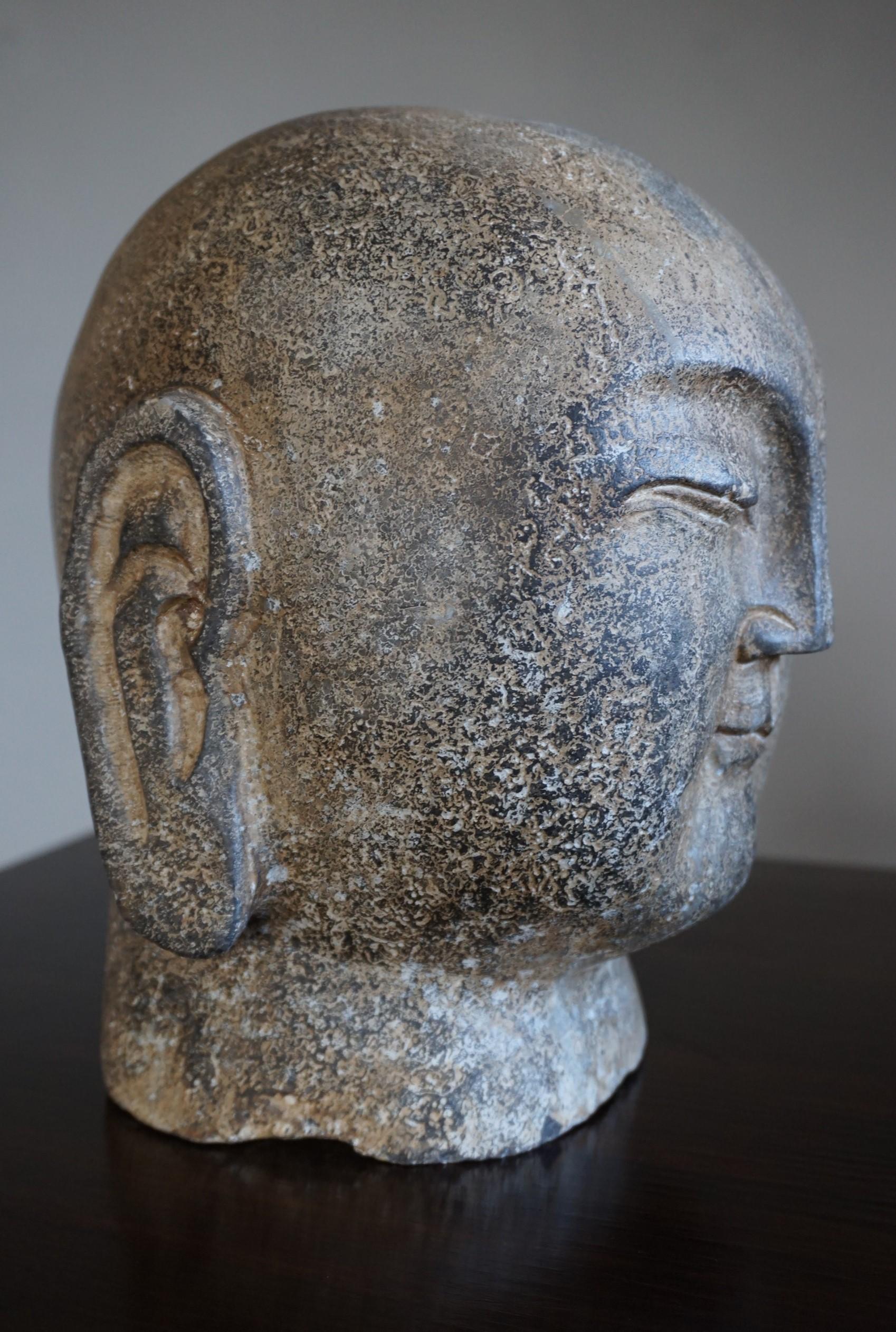 Rare sculpture de tête de Bouddha japonaise ancienne en marbre ou granit, sculptée à la main en vente 6