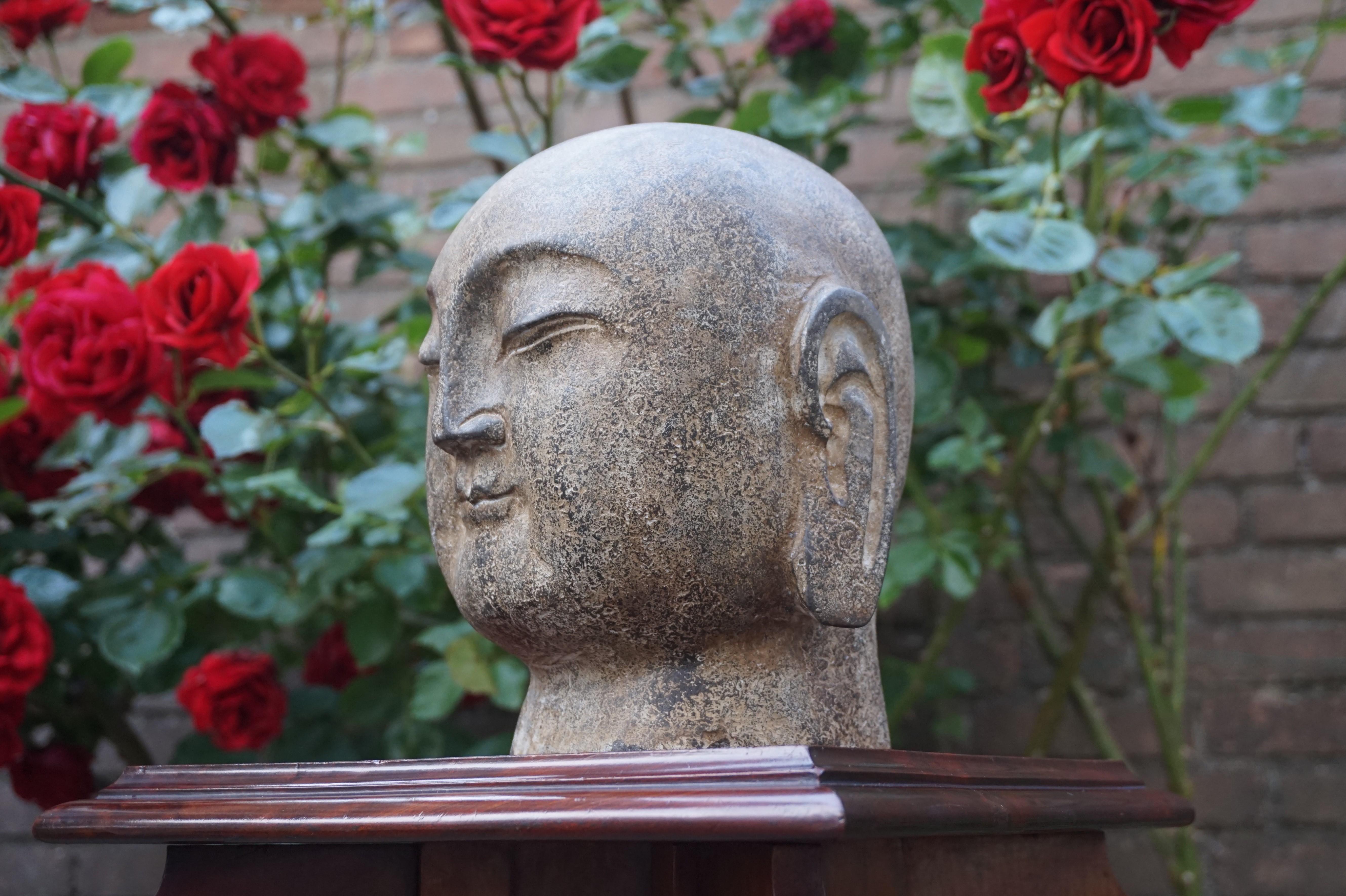 Rare sculpture de tête de Bouddha japonaise ancienne en marbre ou granit, sculptée à la main en vente 7