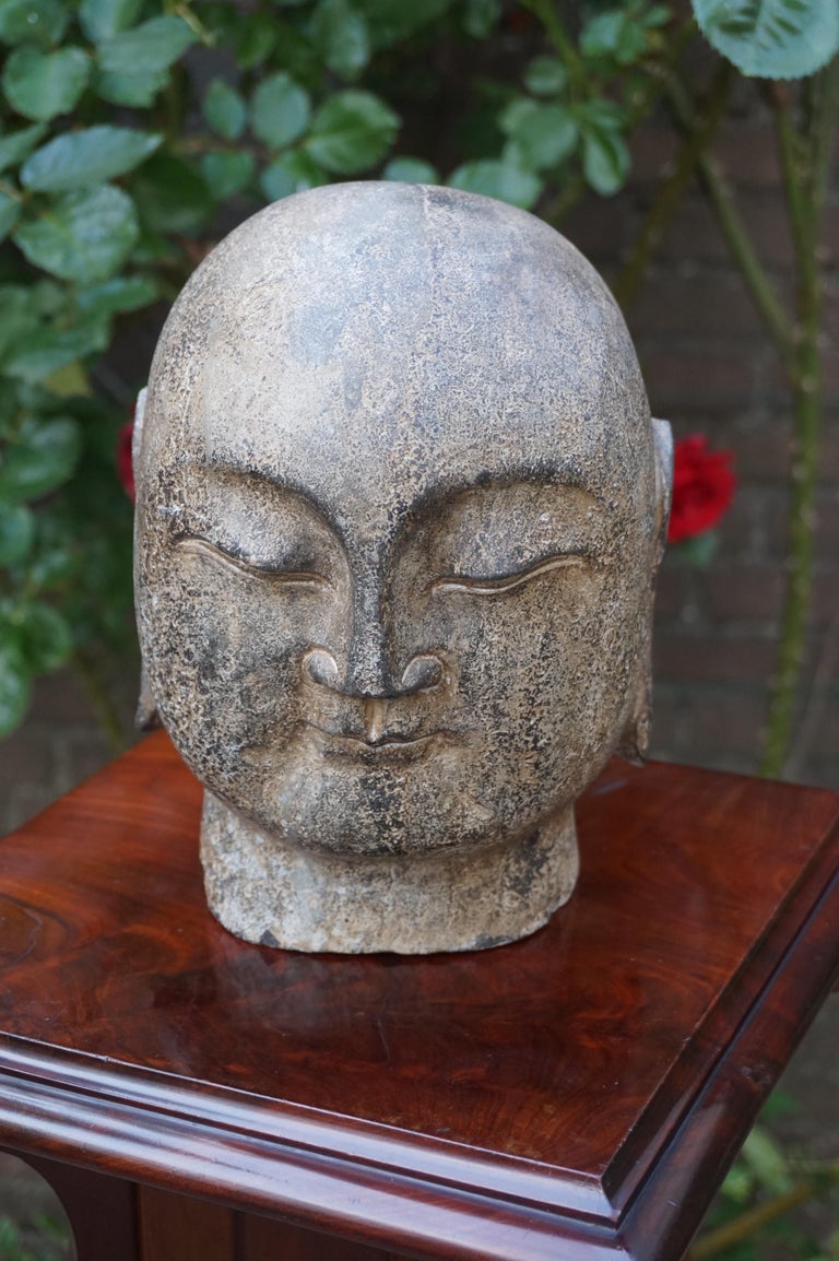 Rare Hand Carved Antique Japanese Marble or Granite Buddha Head